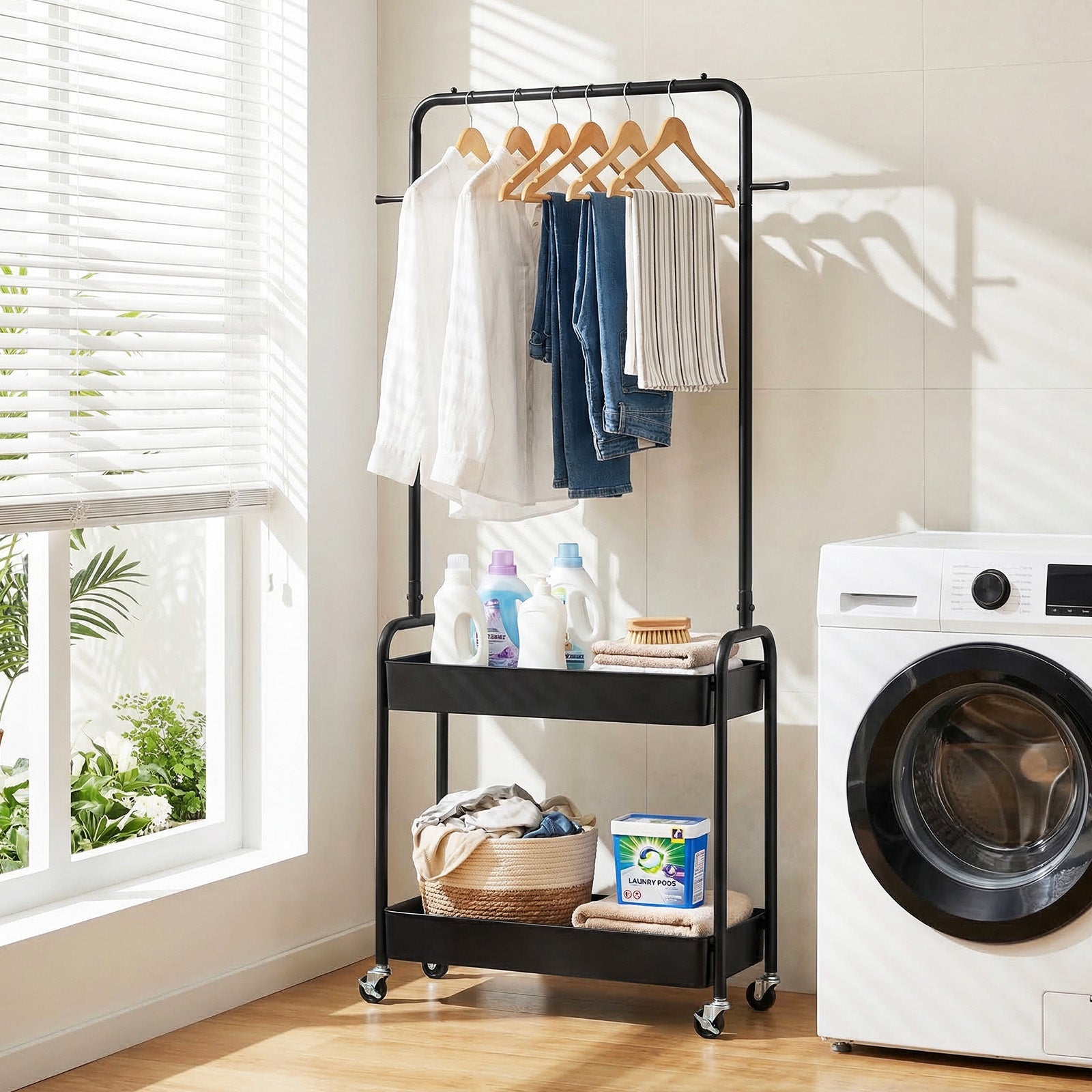Heavy-Duty Laundry Cart With Hanging Rod, 2 Storage Baskets, Black Clothing & Closet Storage at Gallery Canada