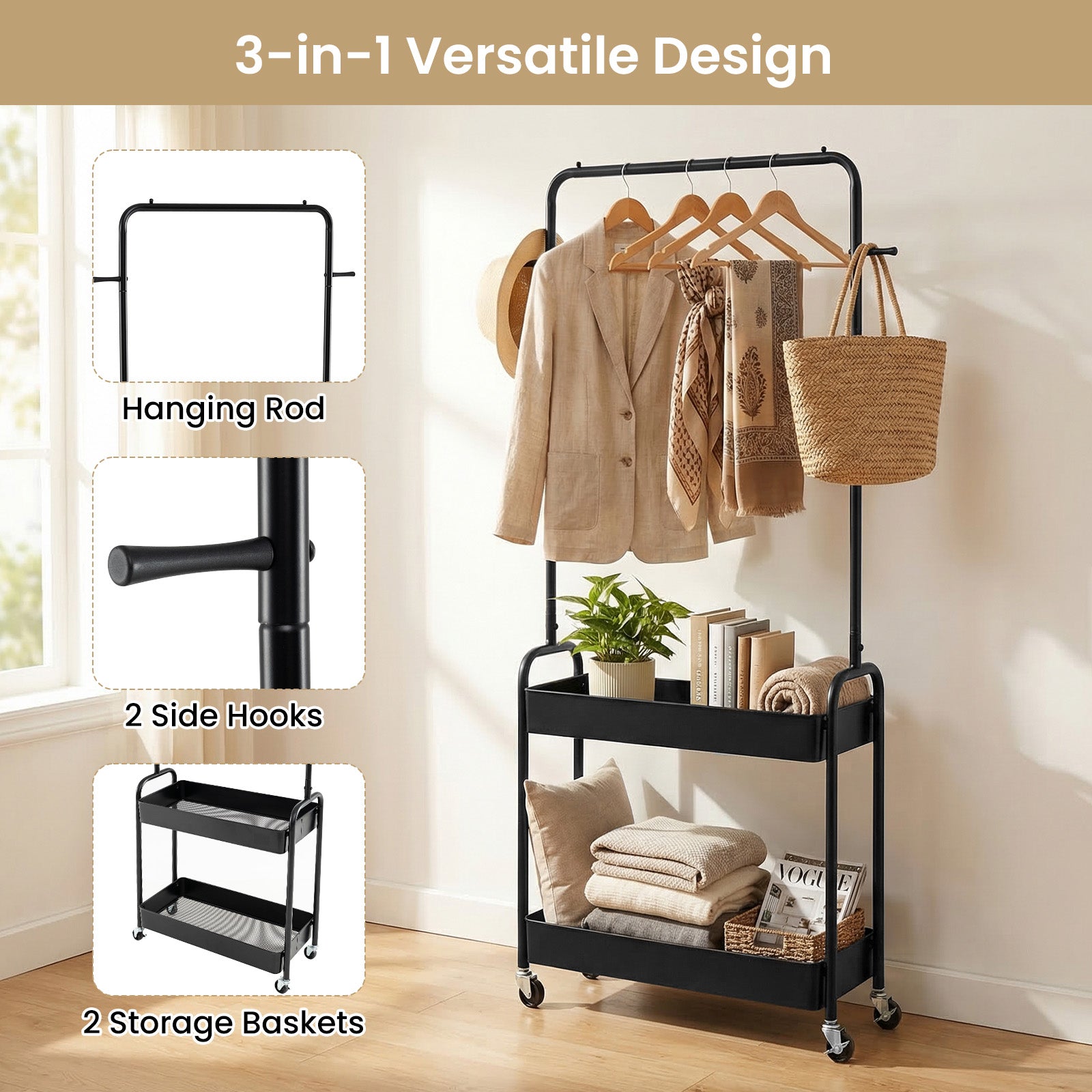 Heavy-Duty Laundry Cart With Hanging Rod, 2 Storage Baskets, Black Clothing & Closet Storage at Gallery Canada