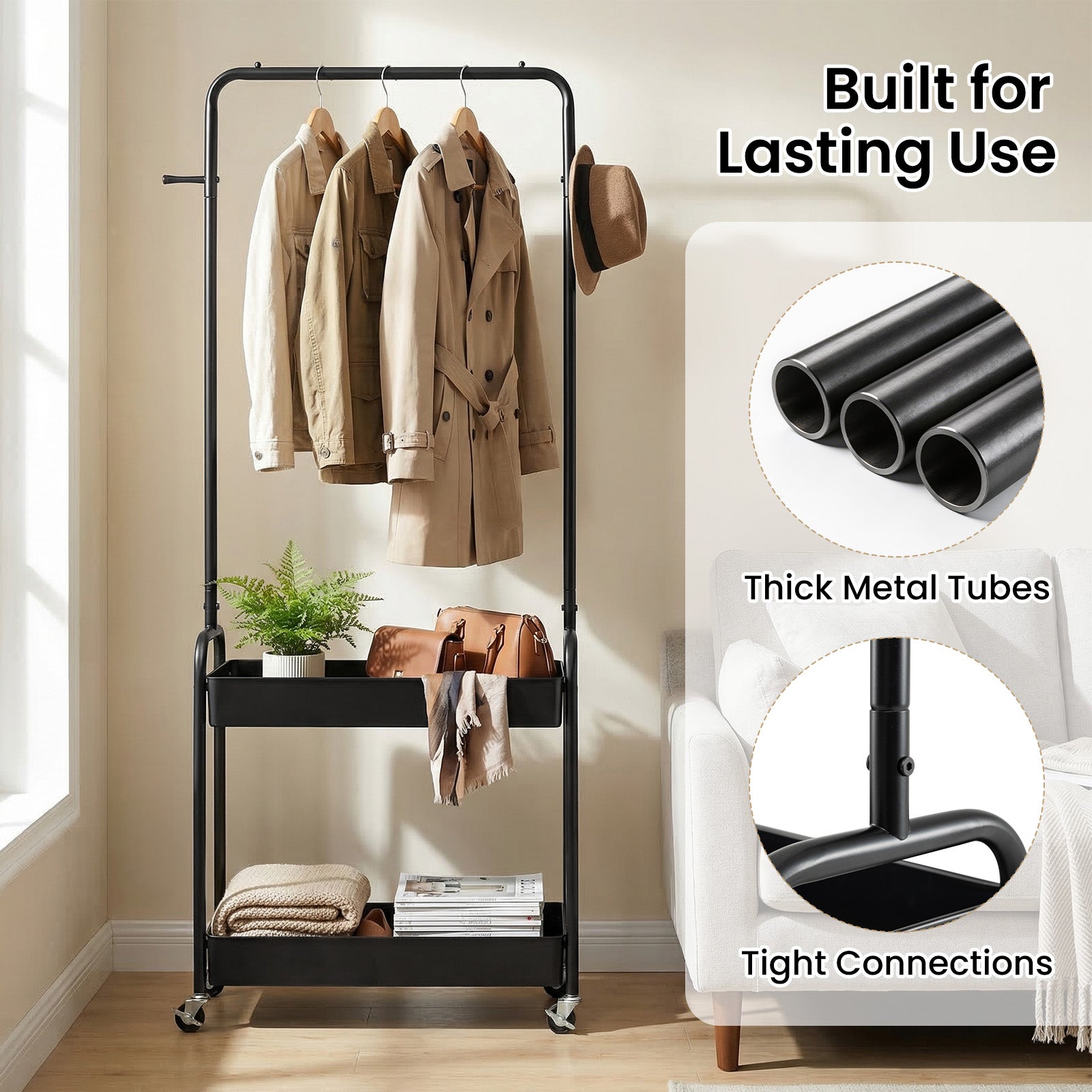 Heavy-Duty Laundry Cart With Hanging Rod, 2 Storage Baskets, Black Clothing & Closet Storage at Gallery Canada