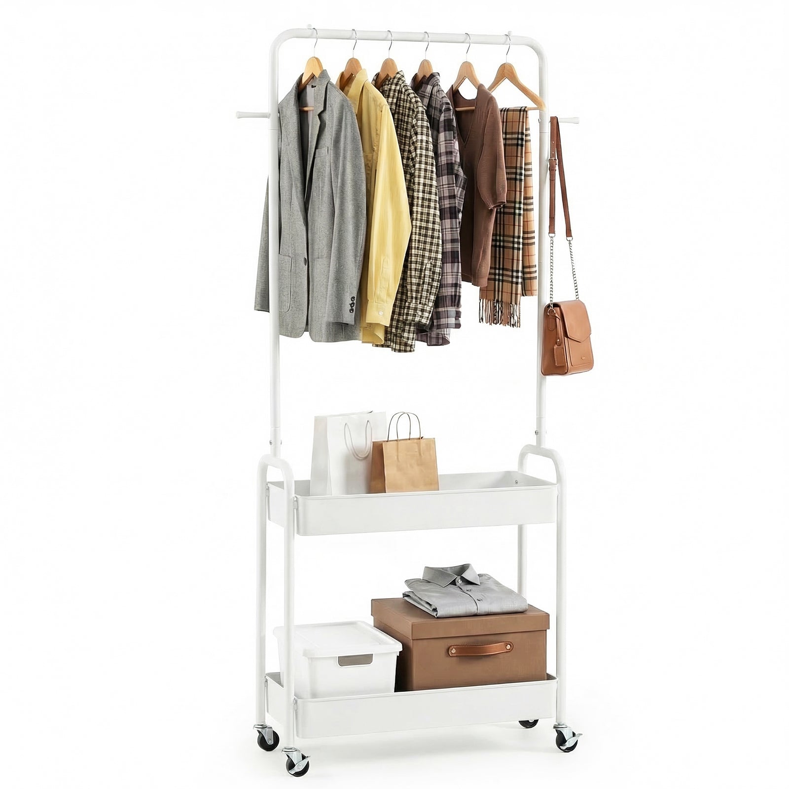 Heavy-Duty Laundry Cart, Hanging Rod, 2 Storage Baskets, White Clothing & Closet Storage White at Gallery Canada