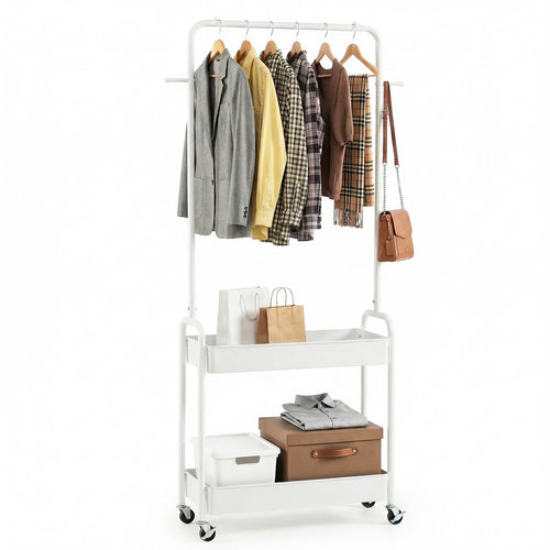 Heavy-Duty Laundry Cart, Hanging Rod, 2 Storage Baskets, White