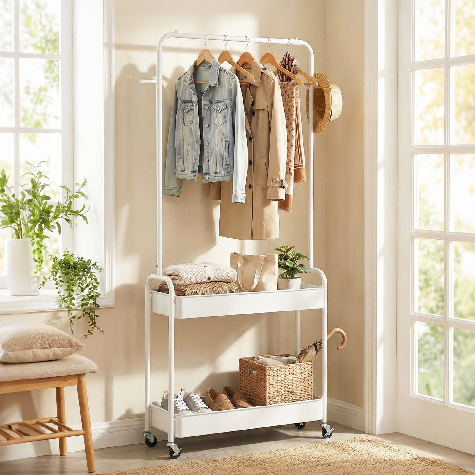 Heavy-Duty Laundry Cart, Hanging Rod, 2 Storage Baskets, White Clothing & Closet Storage at Gallery Canada