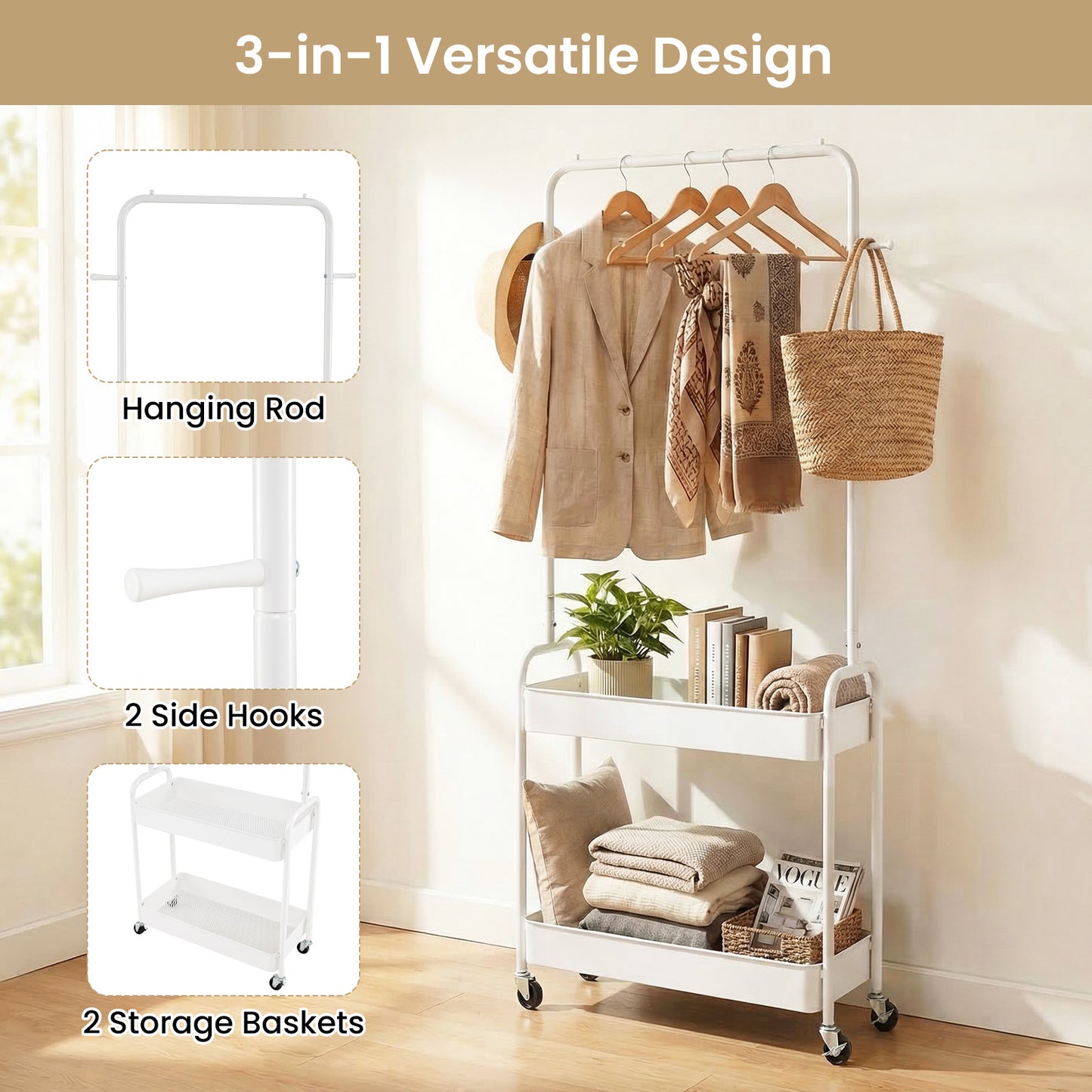 Heavy-Duty Laundry Cart, Hanging Rod, 2 Storage Baskets, White Clothing & Closet Storage at Gallery Canada