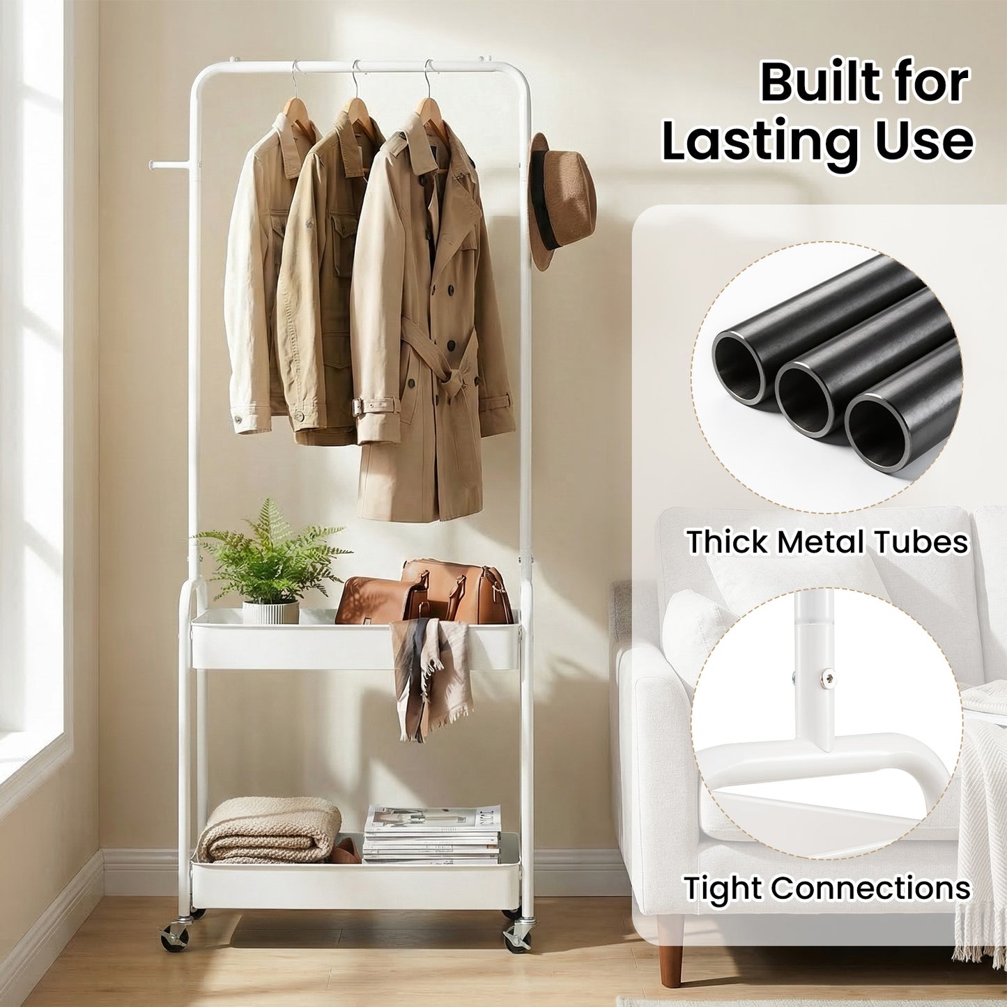 Heavy-Duty Laundry Cart, Hanging Rod, 2 Storage Baskets, White Clothing & Closet Storage at Gallery Canada
