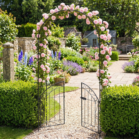 Heavy-Duty Metal Garden Arch with Gate and Safety Latch, Black Outdoor Decor Black at Gallery Canada