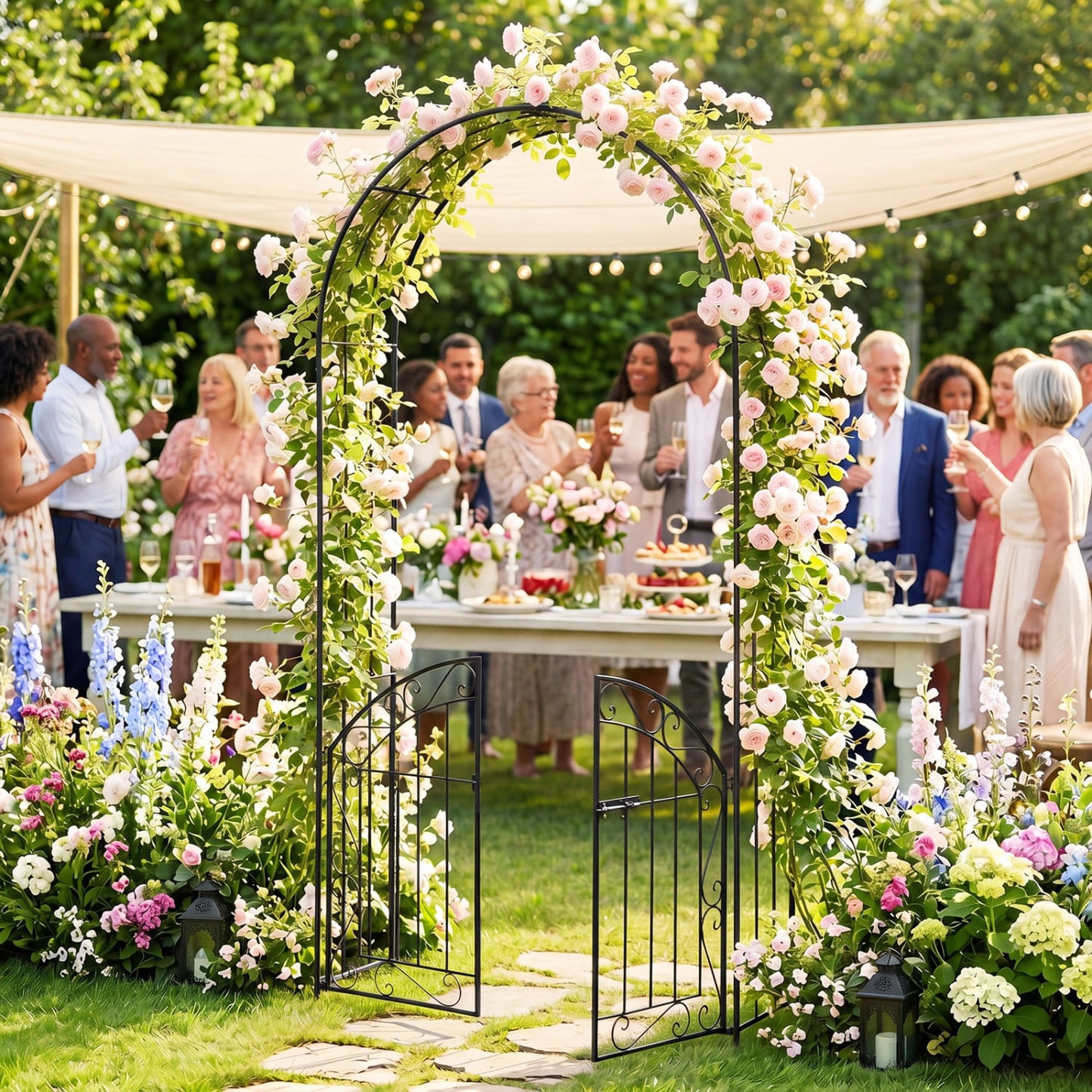 Heavy-Duty Metal Garden Arch with Gate and Safety Latch, Black Outdoor Decor at Gallery Canada