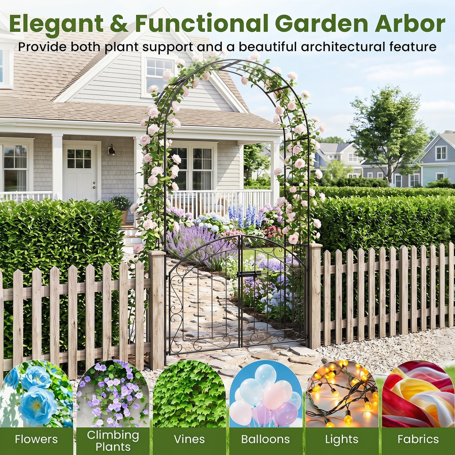 Heavy-Duty Metal Garden Arch with Gate and Safety Latch, Black Outdoor Decor at Gallery Canada