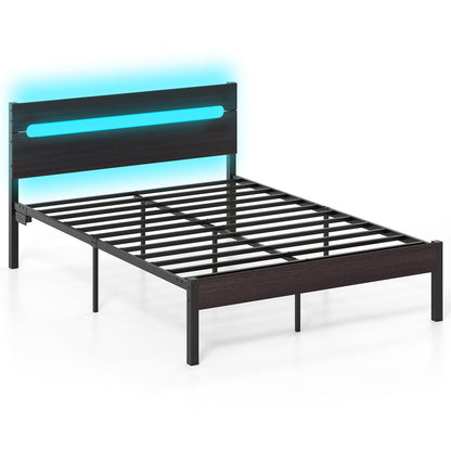 Heavy-Duty Metal Slats Bed Platform With Charging Station, Walnut Simple Bed Frame at Gallery Canada