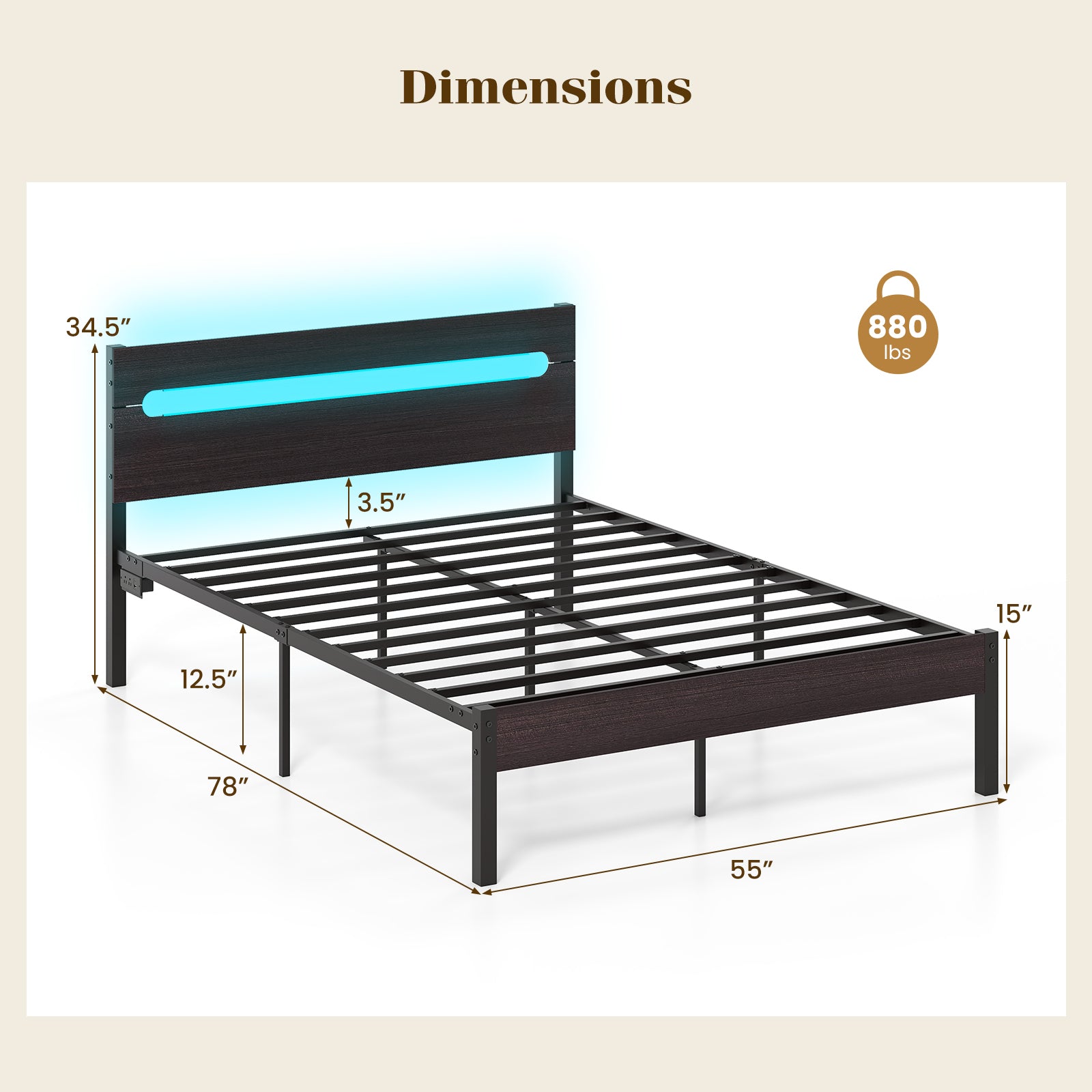 Heavy-Duty Metal Slats Bed Platform With Charging Station, Walnut Simple Bed Frame at Gallery Canada