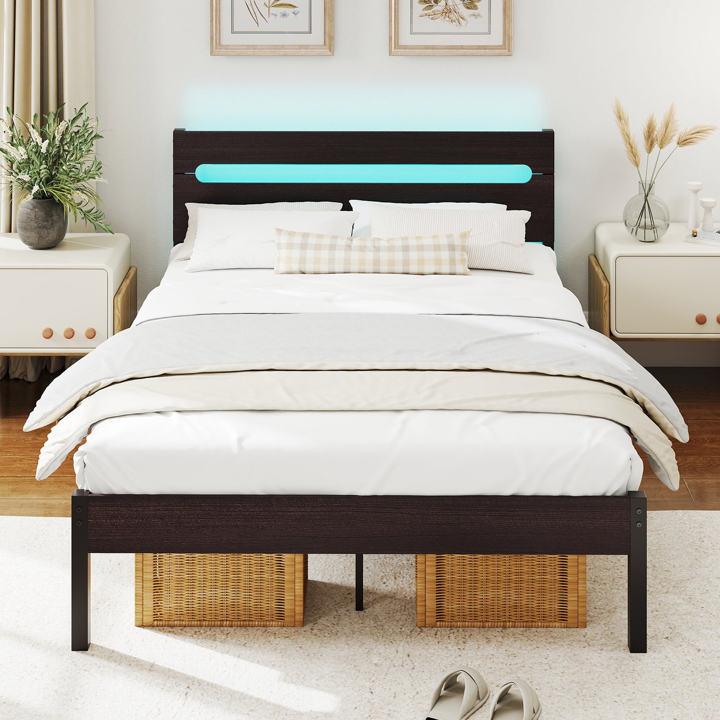 Heavy-Duty Metal Slats Bed Platform With Charging Station, Walnut Simple Bed Frame at Gallery Canada