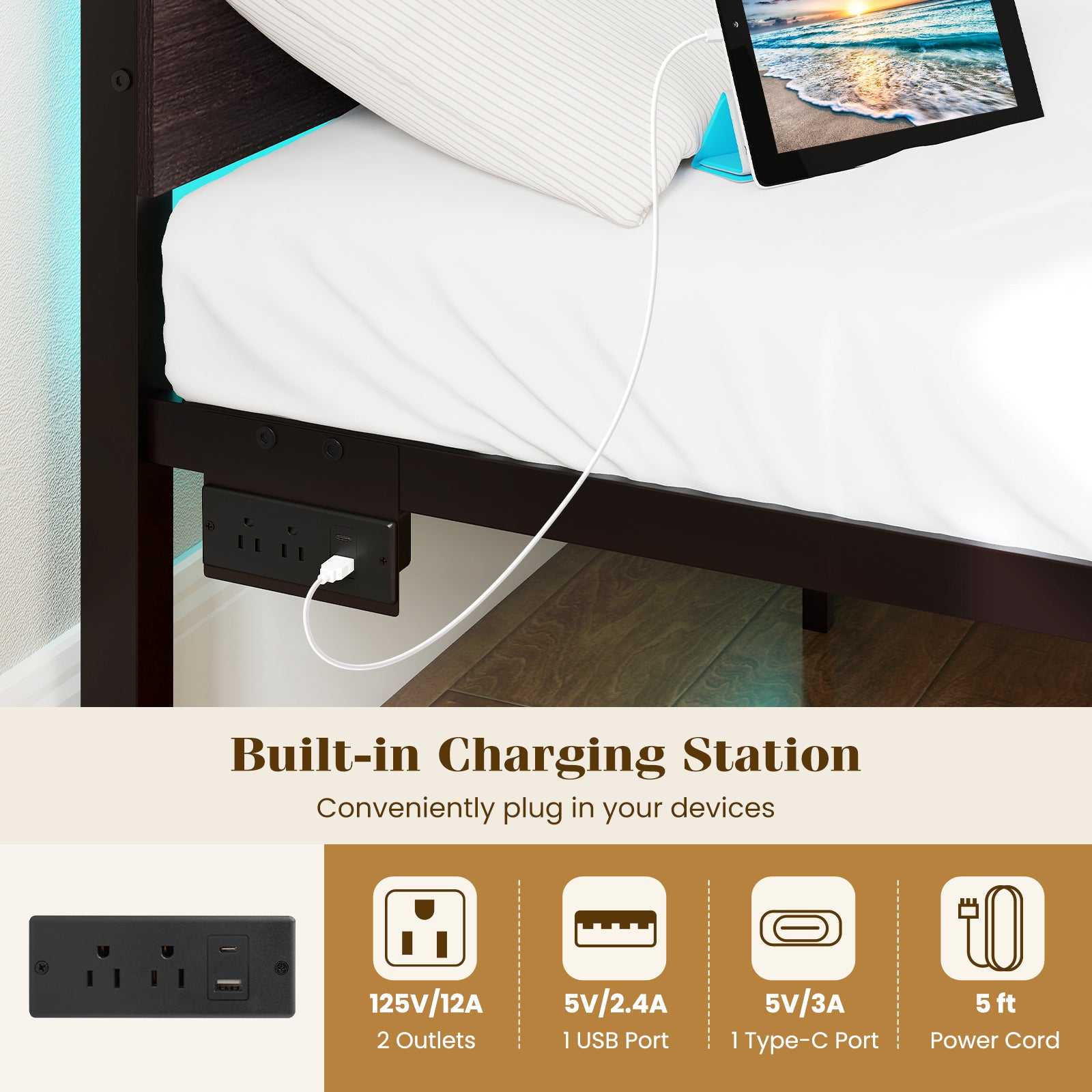 Heavy-Duty Metal Slats Bed Platform With Charging Station, Walnut Simple Bed Frame at Gallery Canada