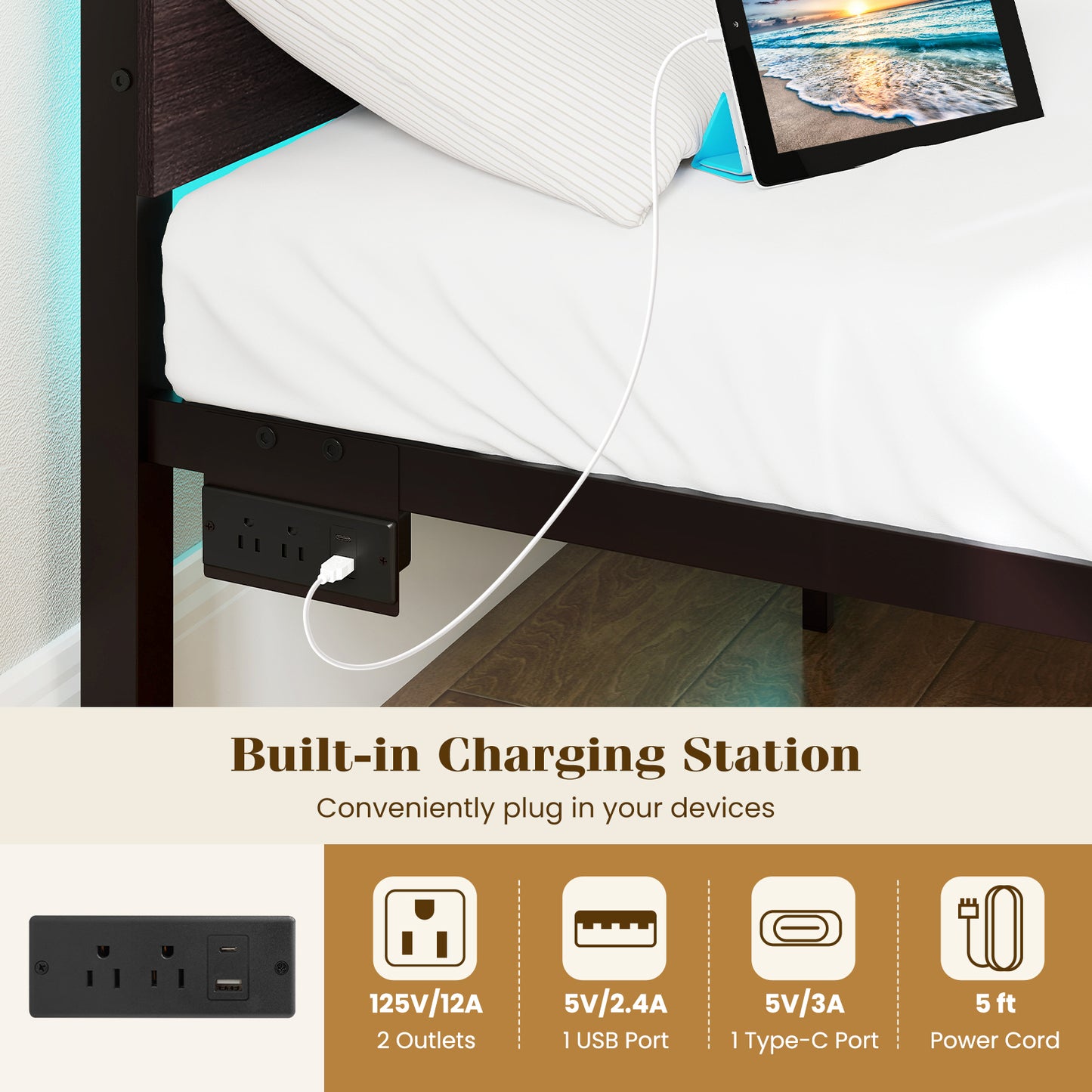 Heavy-Duty Metal Slats Bed Platform With Charging Station, Walnut Simple Bed Frame at Gallery Canada
