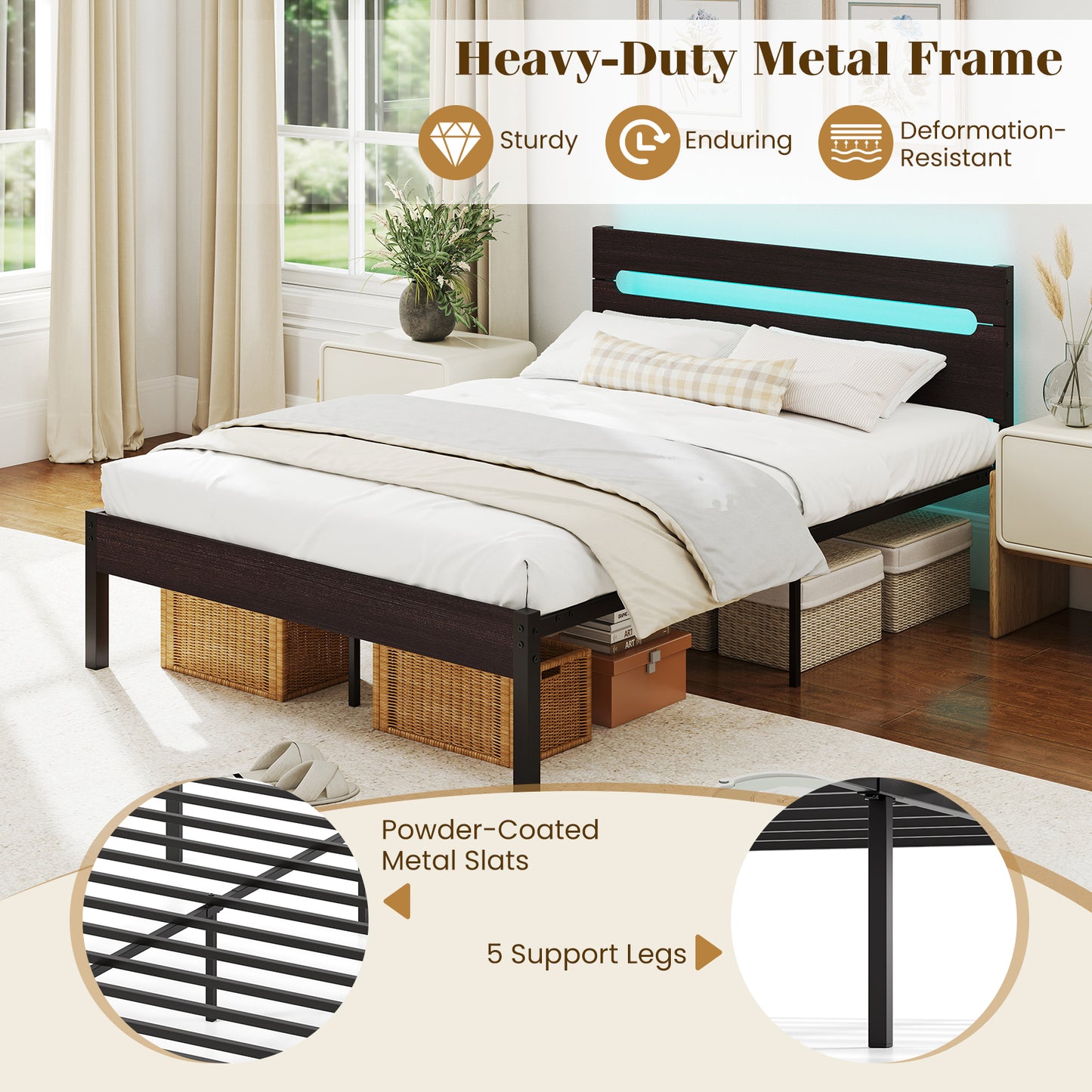 Heavy-Duty Metal Slats Bed Platform With Charging Station, Walnut Simple Bed Frame at Gallery Canada