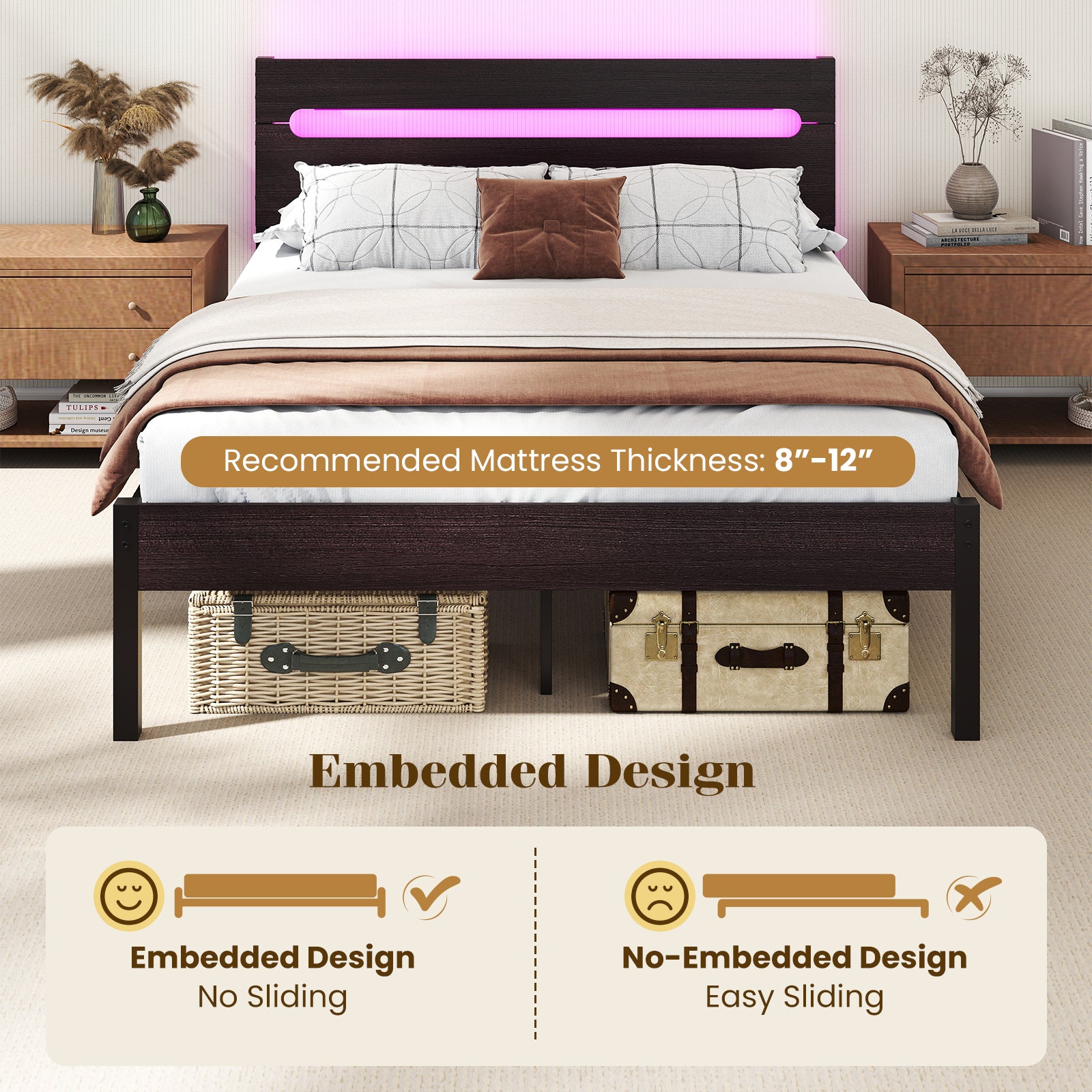 Heavy-Duty Metal Slats Bed Platform With Charging Station, Walnut Simple Bed Frame at Gallery Canada