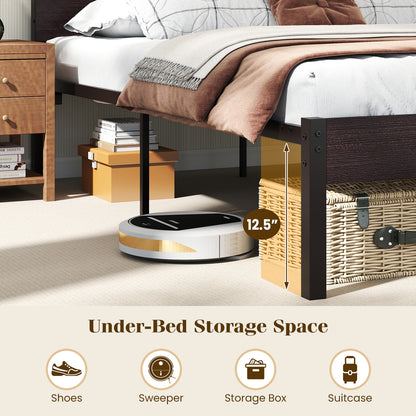 Heavy-Duty Metal Slats Bed Platform With Charging Station, Walnut Simple Bed Frame at Gallery Canada