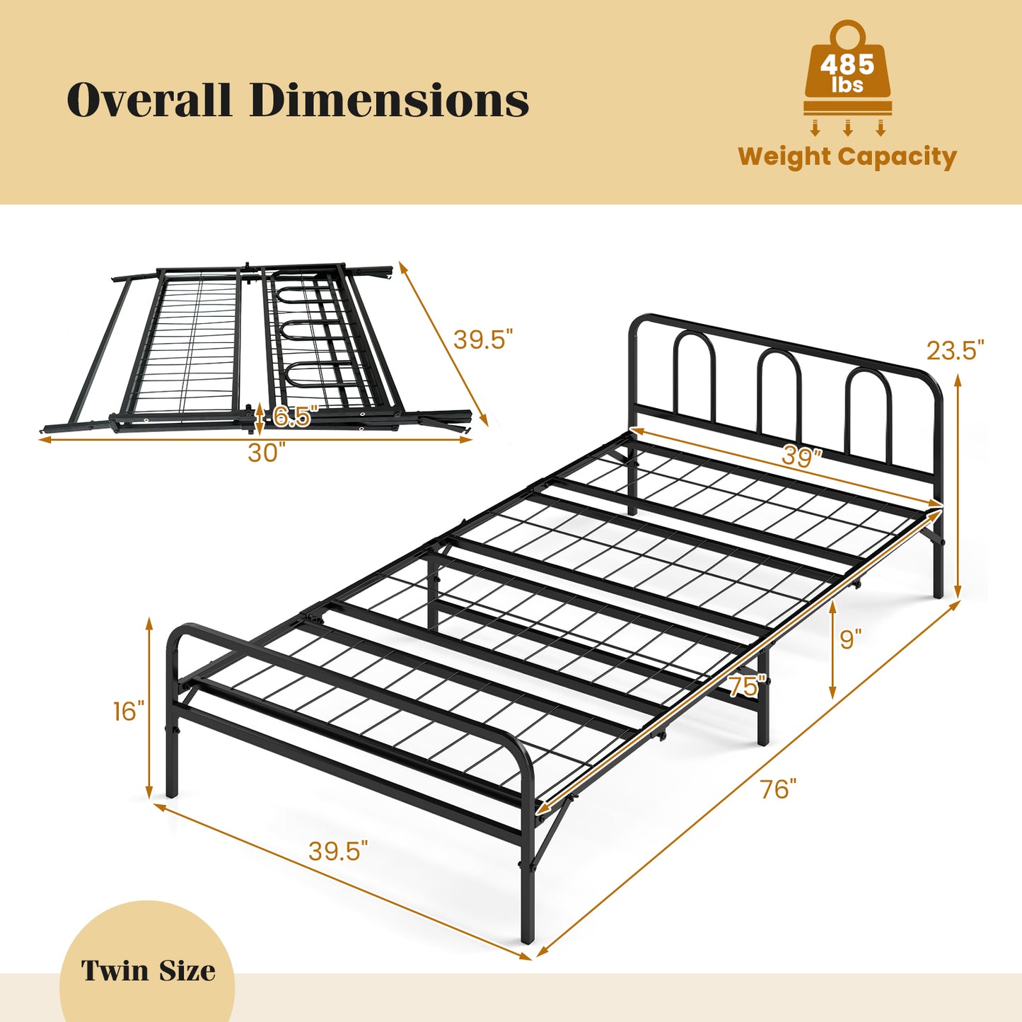 Heavy Duty Metal Twin Foldable Bed Frame, Black Folding Beds at Gallery Canada