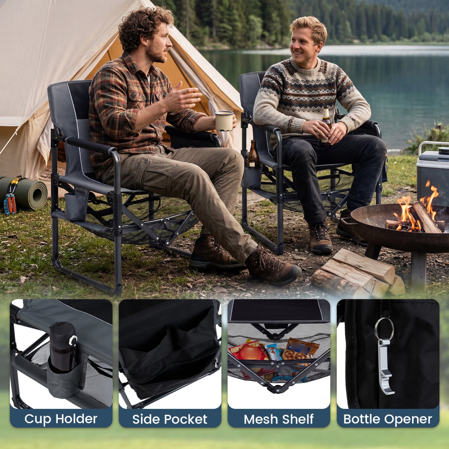 Heavy Duty Outdoor Camping Chair with Cup Holder and Bottle Opener, Black Camping Furniture at Gallery Canada