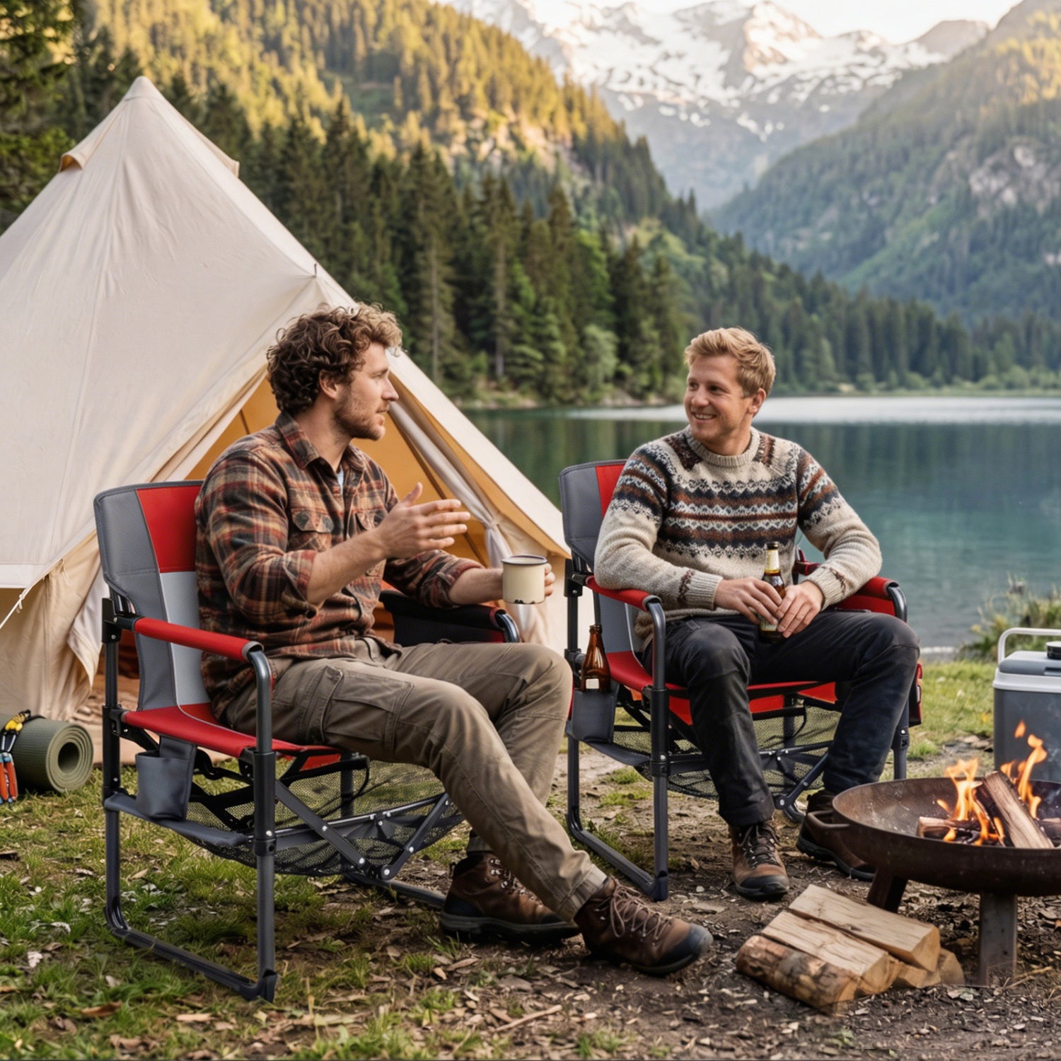 Heavy Duty Outdoor Camping Chair with Cup Holder and Side Pocket, Red Camping Furniture at Gallery Canada