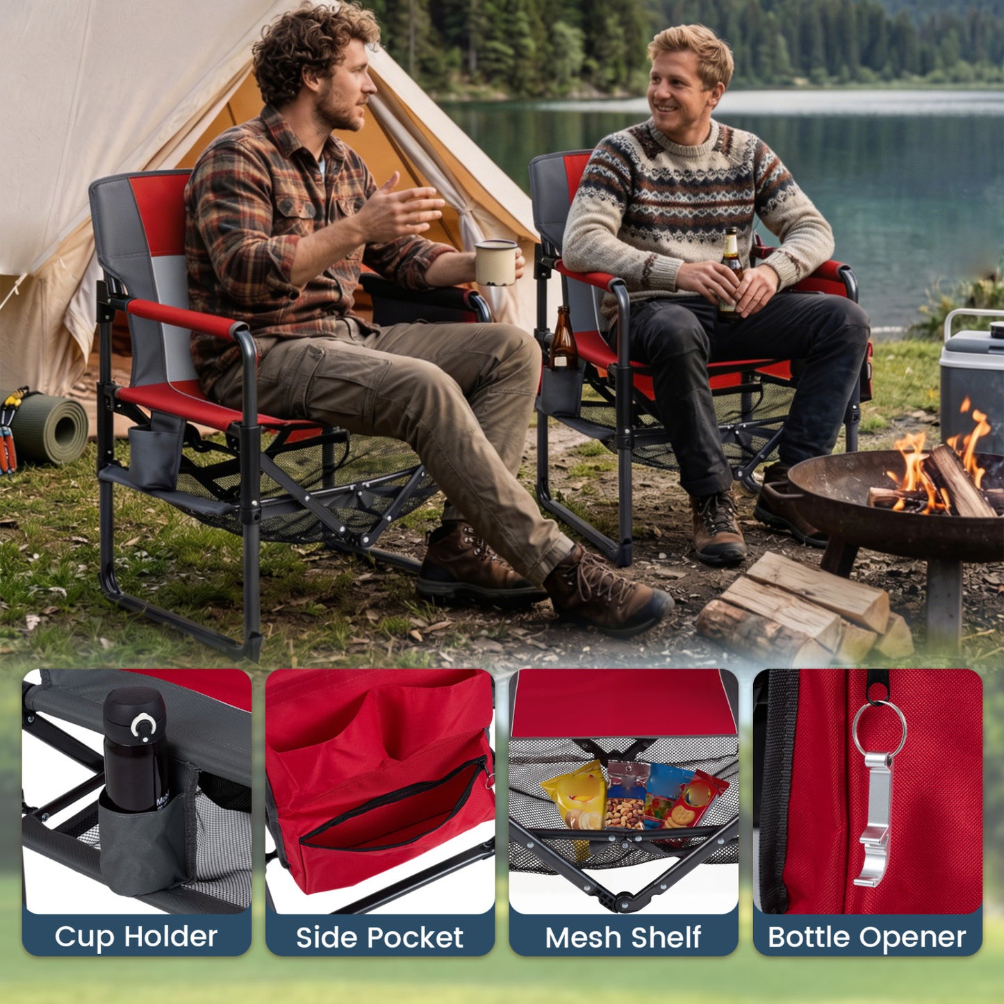 Heavy Duty Outdoor Camping Chair with Cup Holder, Red