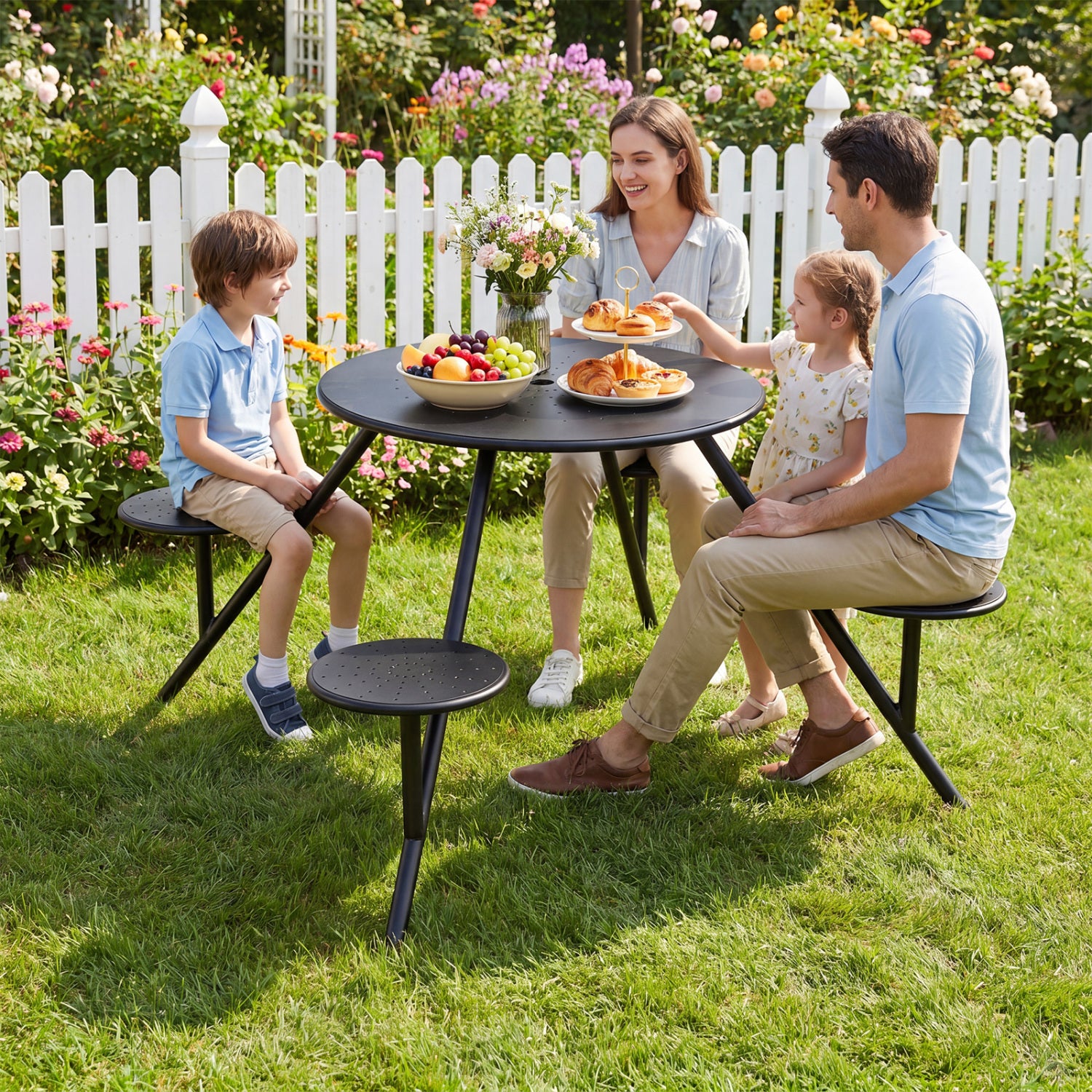 Heavy Duty Round Picnic Table for 4 with Iron Seats & Umbrella Hole, Black Picnic Tables at Gallery Canada