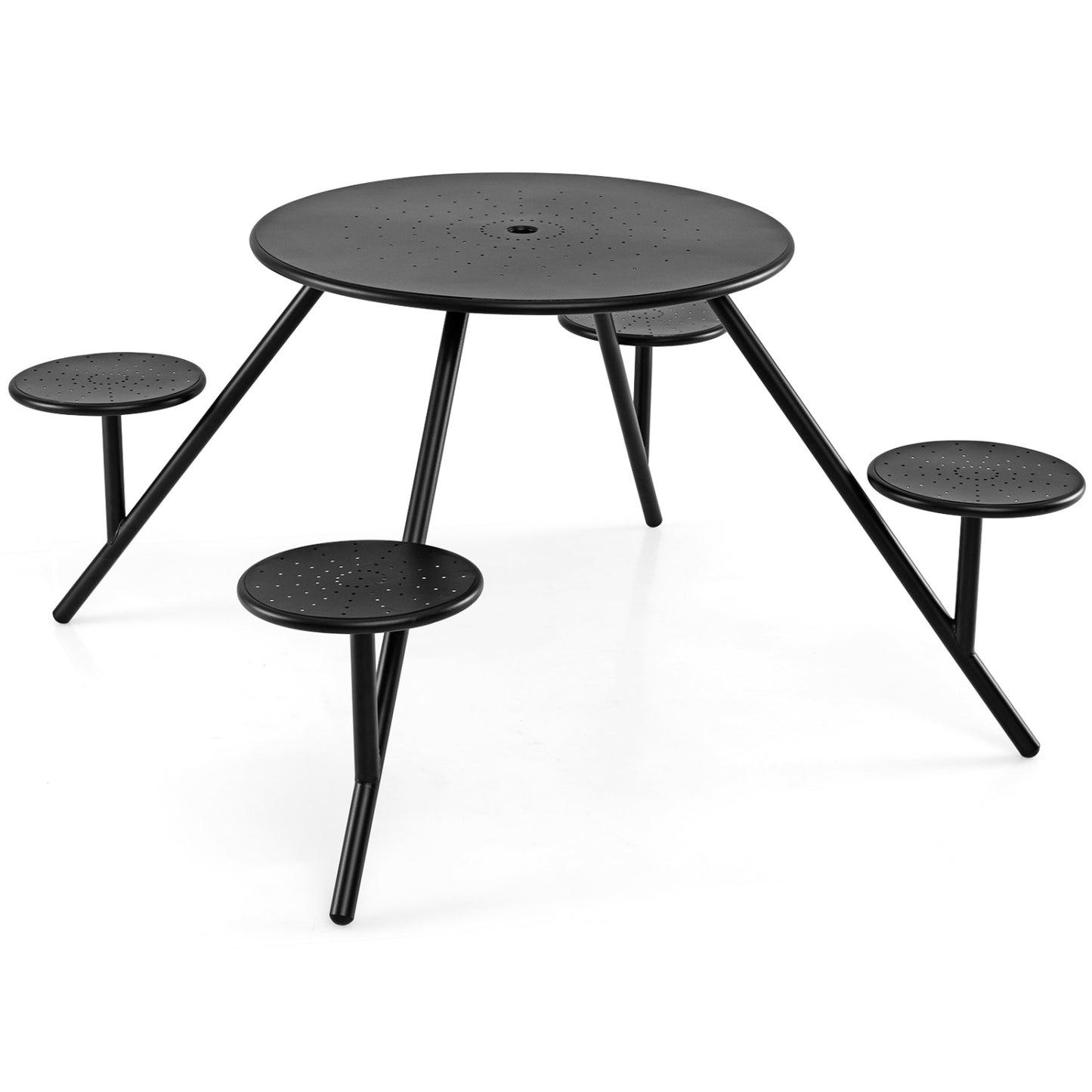 Heavy Duty Round Picnic Table for 4 with Iron Seats & Umbrella Hole, Black Picnic Tables at Gallery Canada