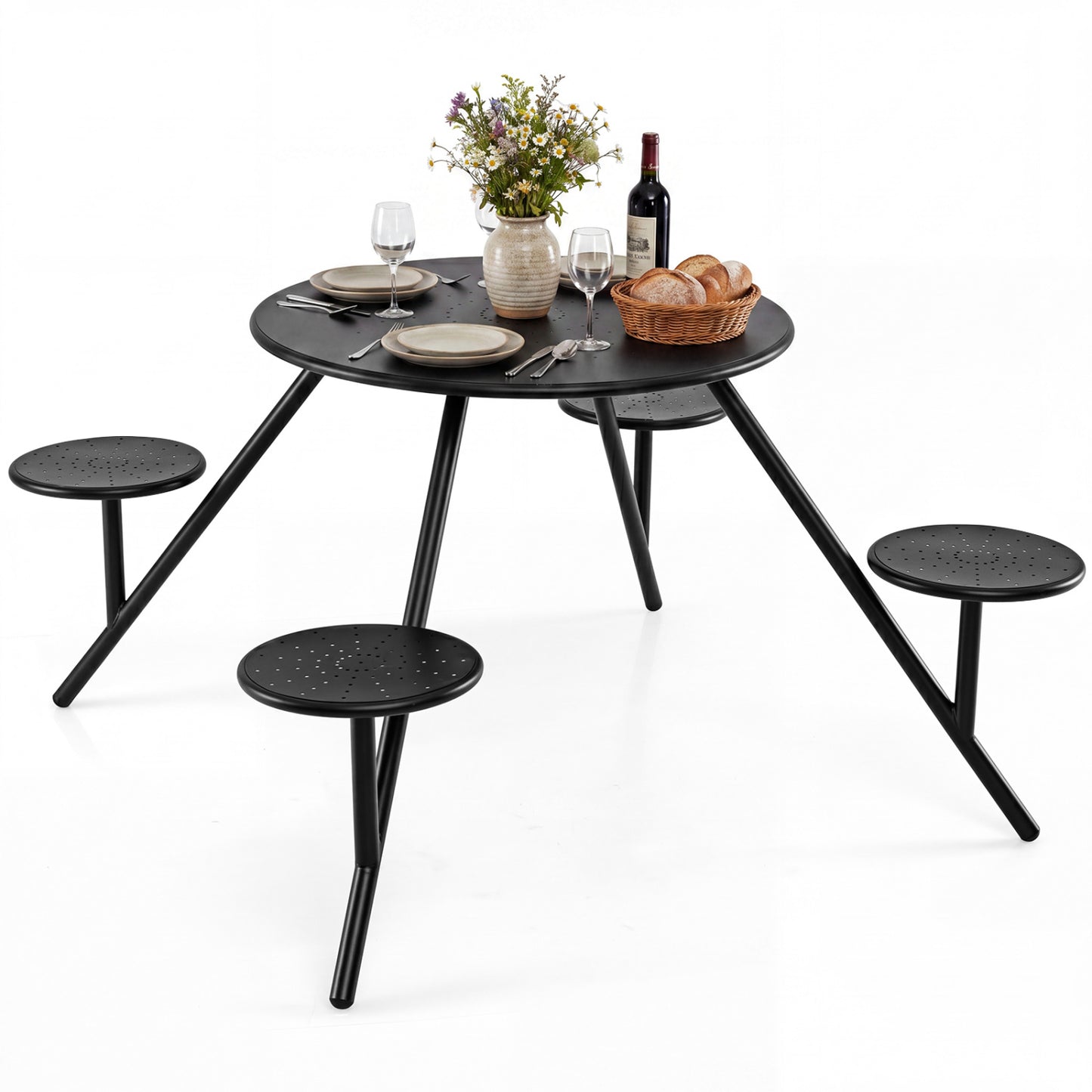 Heavy Duty Round Picnic Table for 4 with Iron Seats & Umbrella Hole, Black Picnic Tables at Gallery Canada