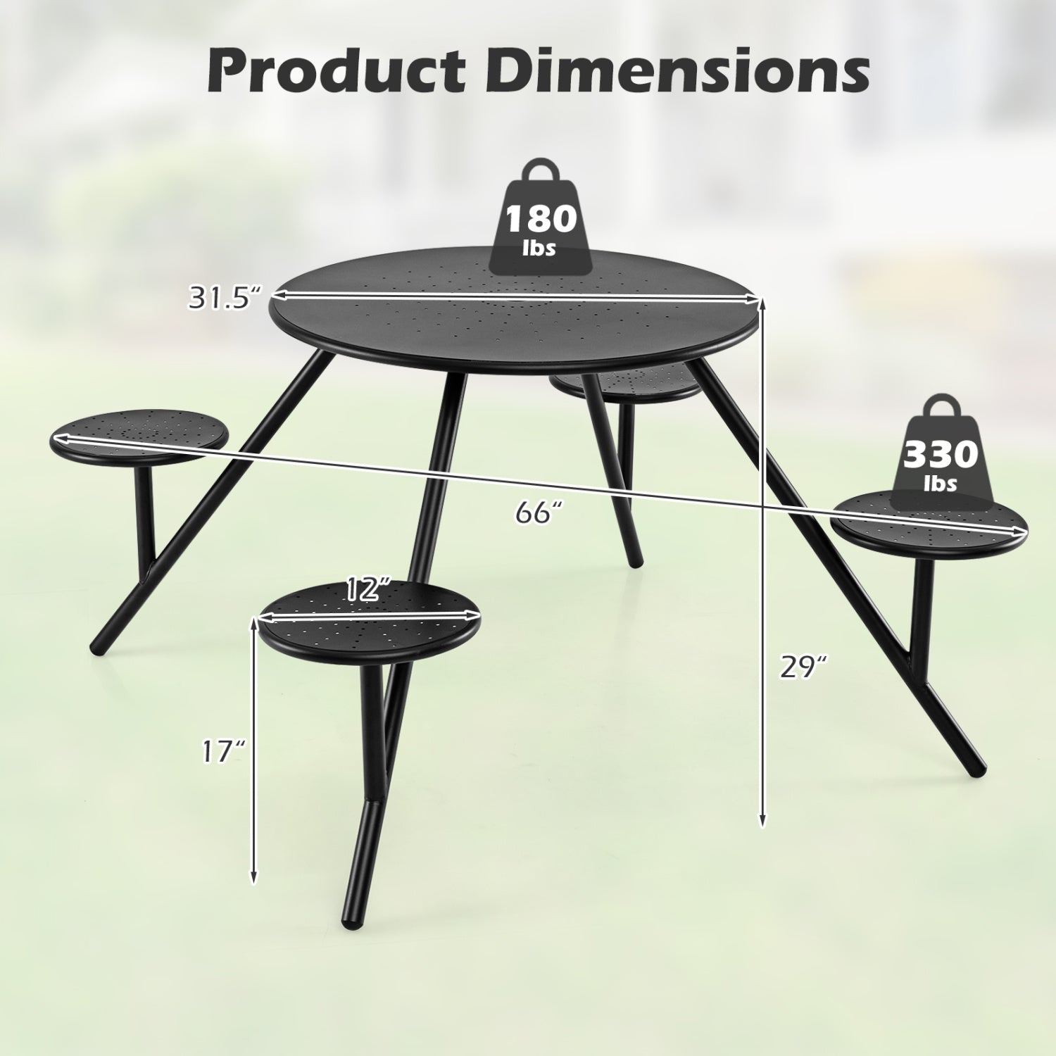 Heavy Duty Round Picnic Table for 4 with Iron Seats & Umbrella Hole, Black Picnic Tables at Gallery Canada