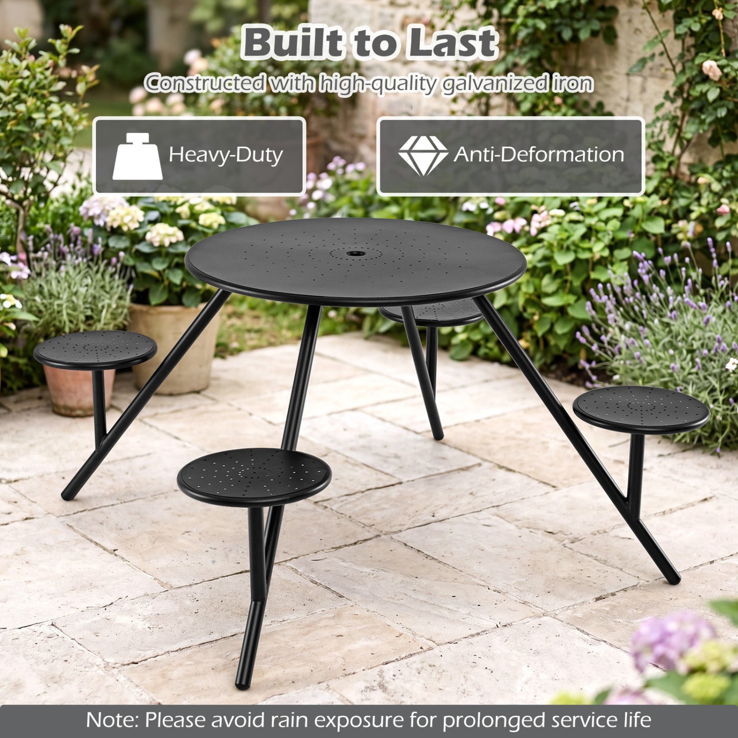 Heavy Duty Round Picnic Table for 4 with Iron Seats & Umbrella Hole, Black Picnic Tables at Gallery Canada