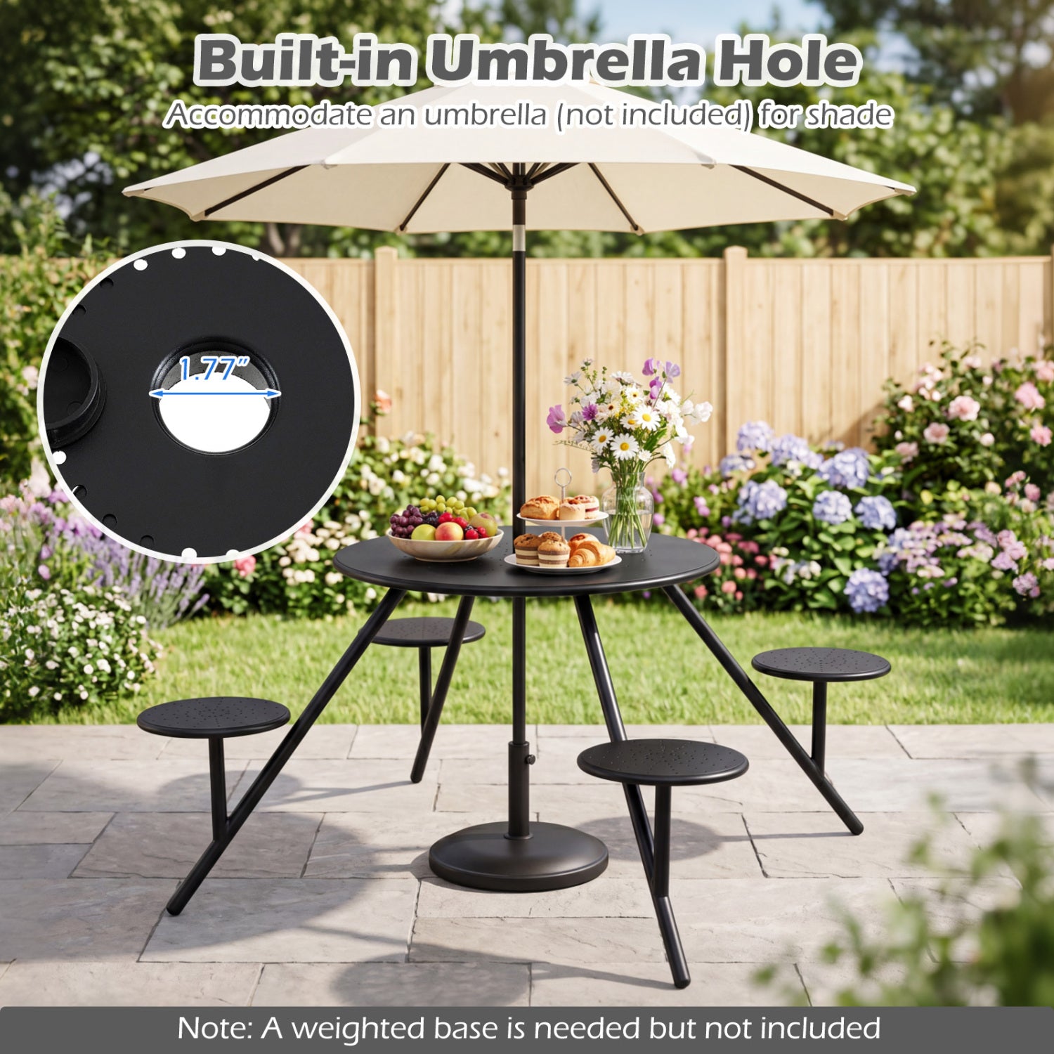 Heavy Duty Round Picnic Table for 4 with Iron Seats & Umbrella Hole, Black Picnic Tables at Gallery Canada