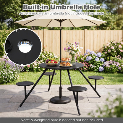Heavy Duty Round Picnic Table for 4 with Iron Seats & Umbrella Hole, Black Picnic Tables at Gallery Canada