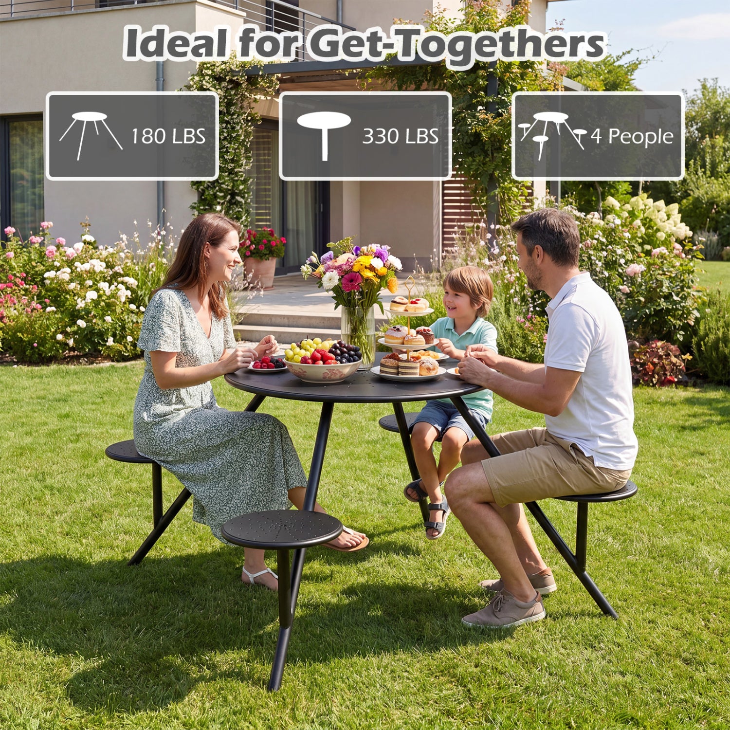 Heavy Duty Round Picnic Table for 4 with Iron Seats & Umbrella Hole, Black Picnic Tables at Gallery Canada