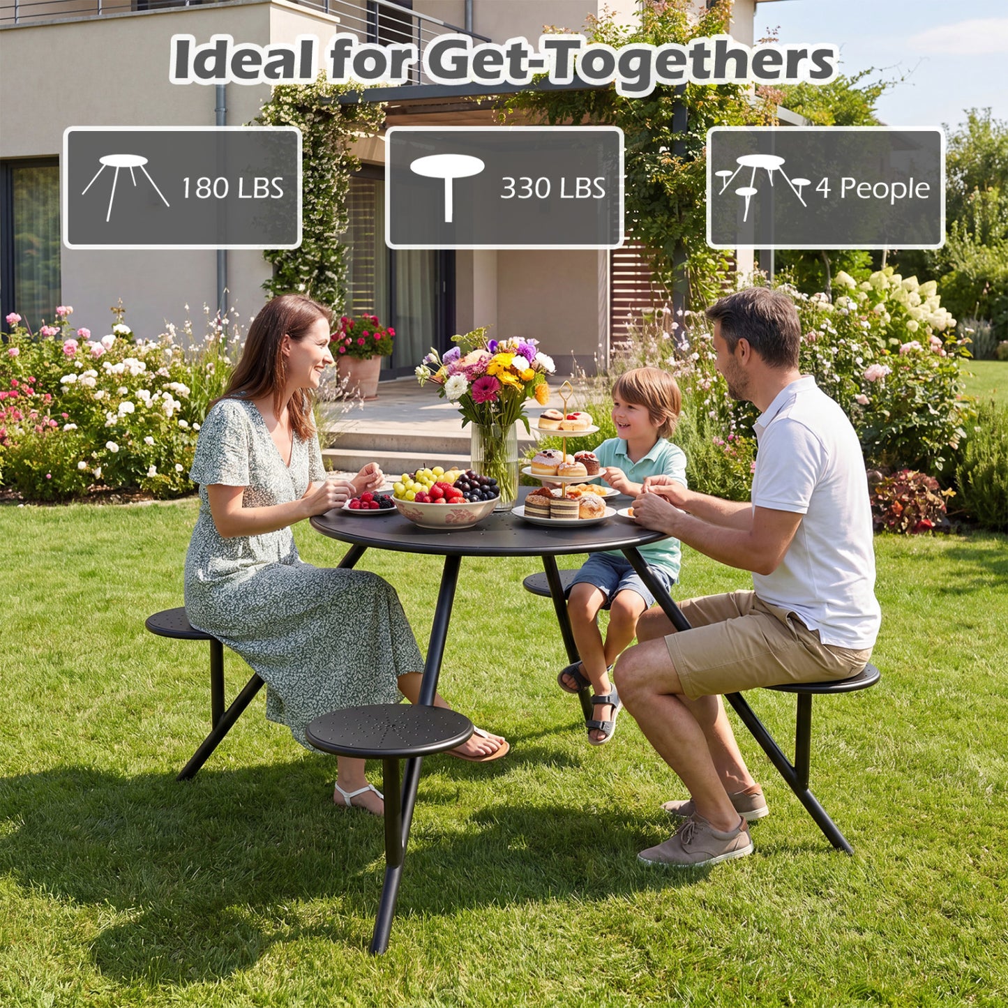 Heavy Duty Round Picnic Table for 4 with Iron Seats & Umbrella Hole, Black Picnic Tables at Gallery Canada