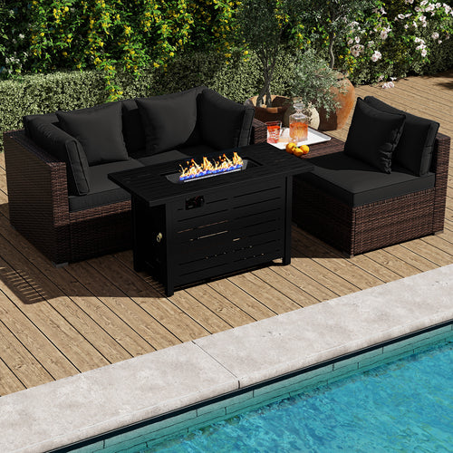 Heavy-duty Frame Rattan Sofa Set with 60000 BTU Firepit Table, Black