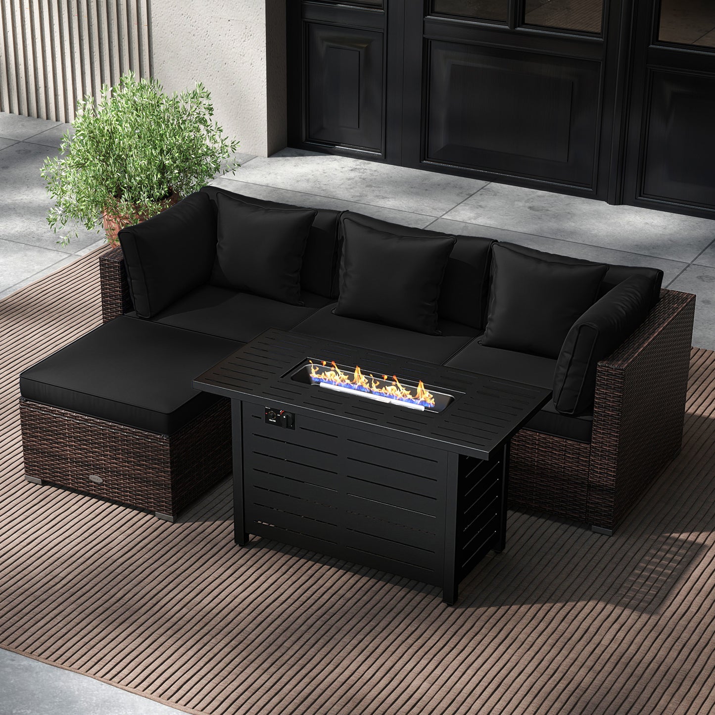 Heavy-duty Frame Rattan Sofa Set with 60000 BTU Firepit Table, Black
