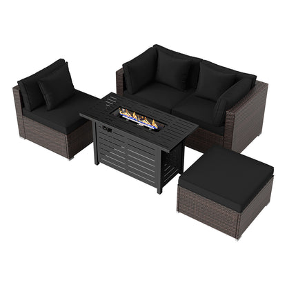 Heavy-duty Frame Rattan Sofa Set with 60000 BTU Firepit Table, Black