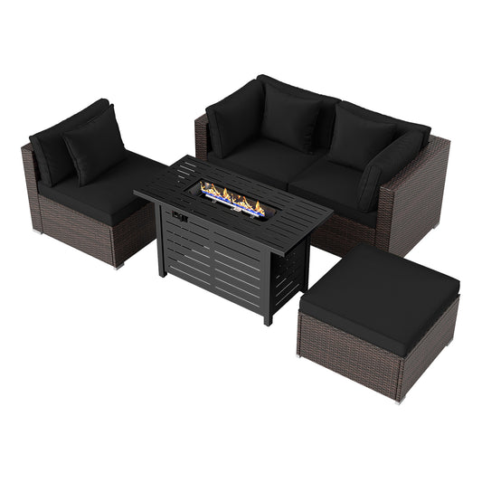 Heavy-duty Frame Rattan Sofa Set with 60000 BTU Firepit Table, Black