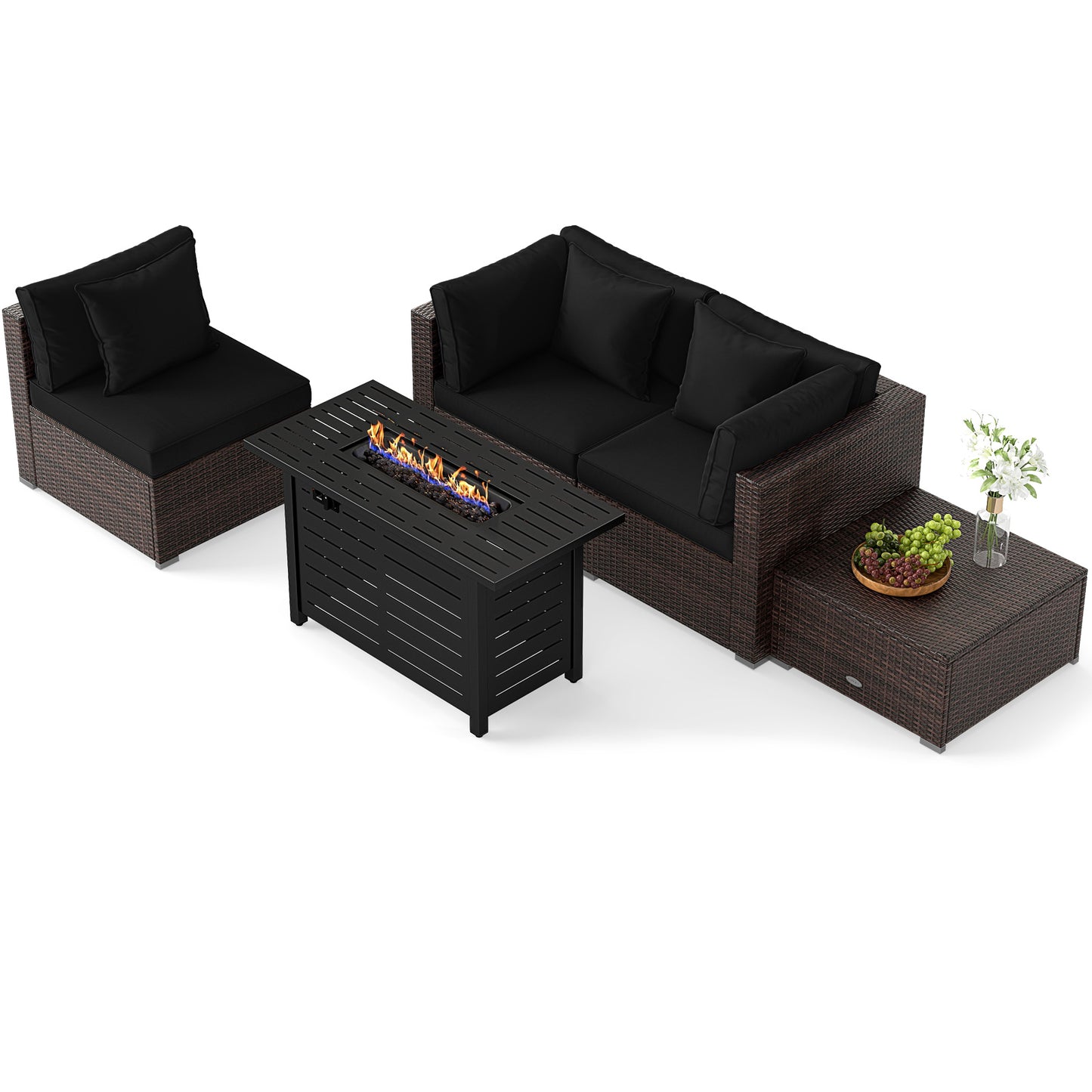 Heavy-duty Frame Rattan Sofa Set with 60000 BTU Firepit Table, Black