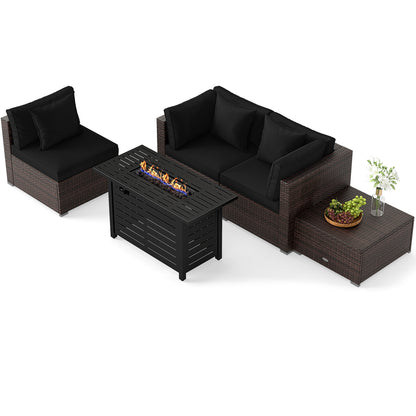 Heavy-duty Frame Rattan Sofa Set with 60000 BTU Firepit Table, Black