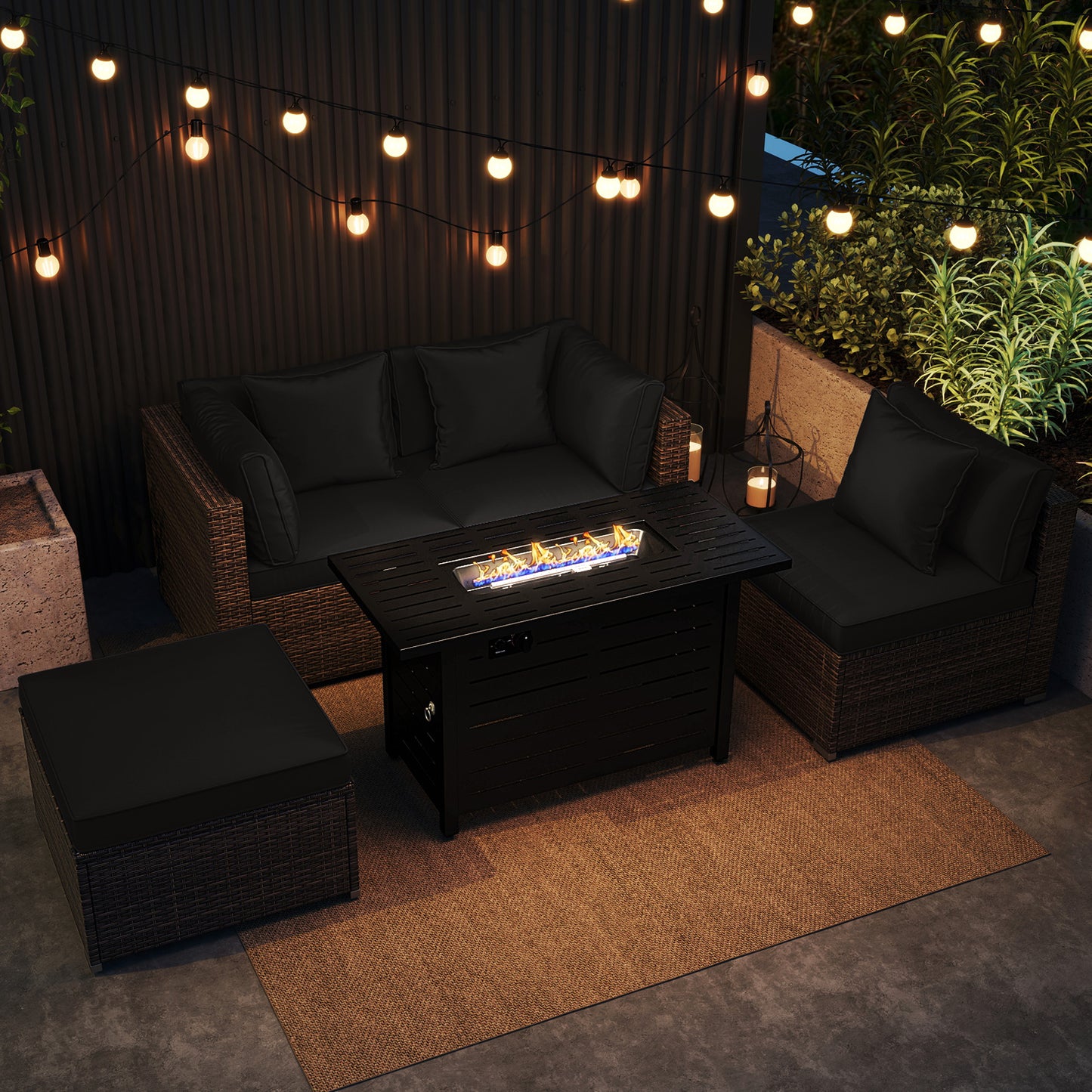 Heavy-duty Frame Rattan Sofa Set with 60000 BTU Firepit Table, Black