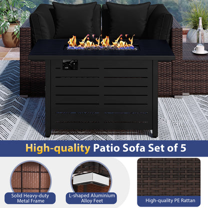 Heavy-duty Frame Rattan Sofa Set with 60000 BTU Firepit Table, Black