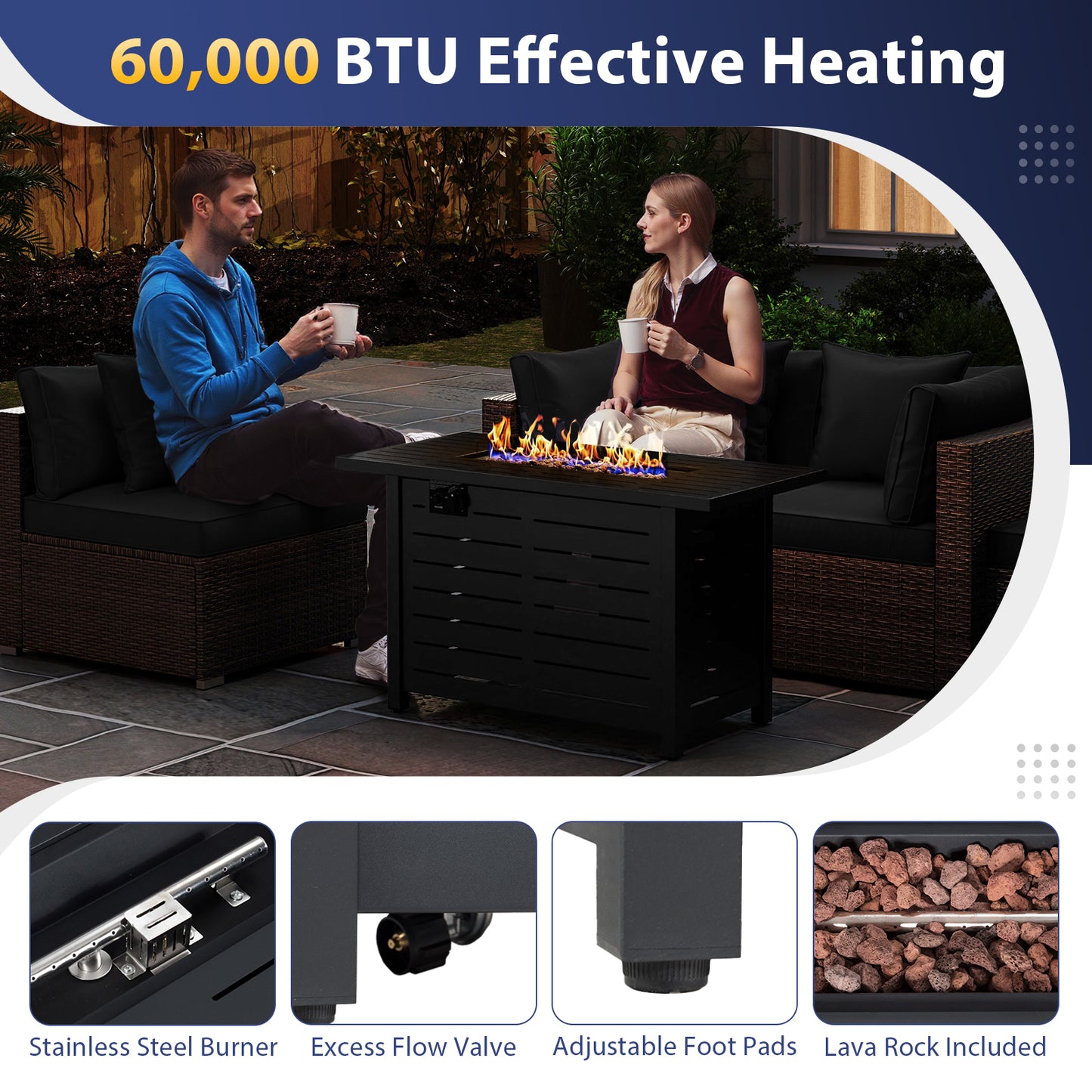 Heavy-duty Frame Rattan Sofa Set with 60000 BTU Firepit Table, Black