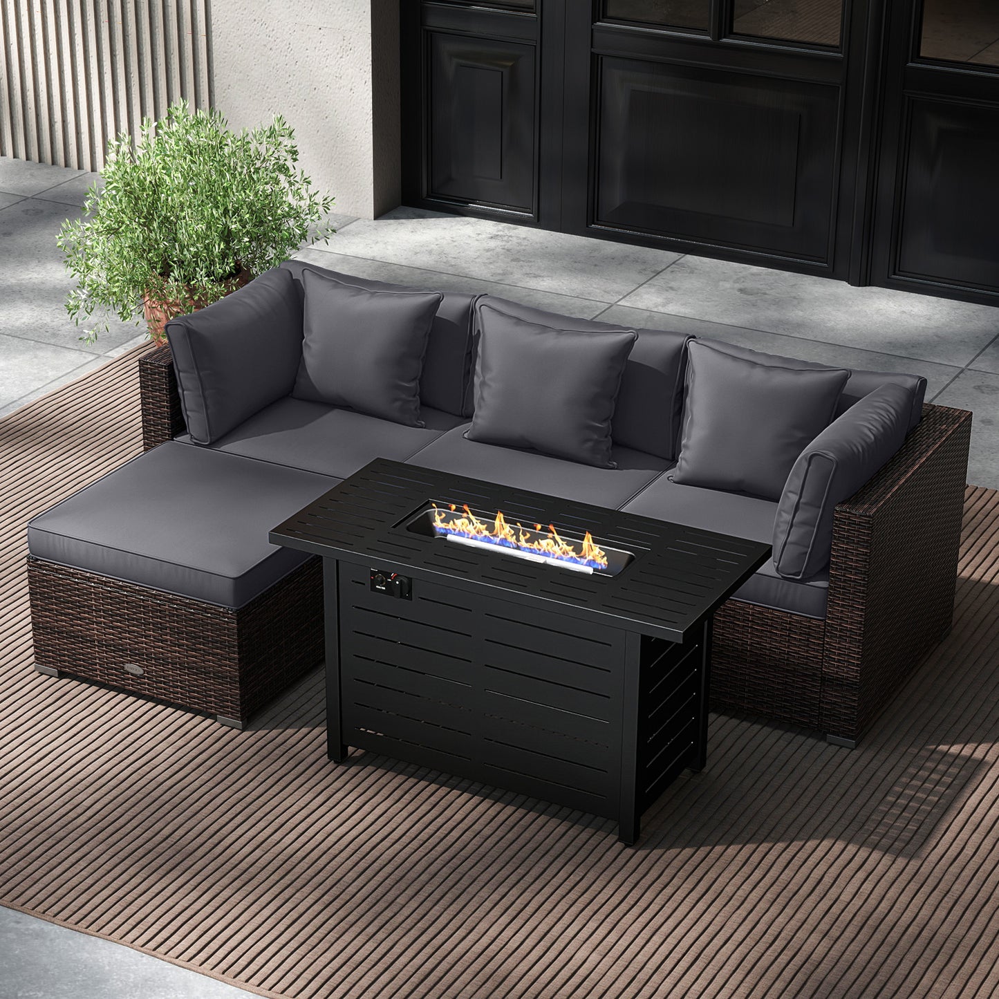 Heavy-duty Frame Rattan Sofa Set with 60000 BTU Firepit Table, Gray