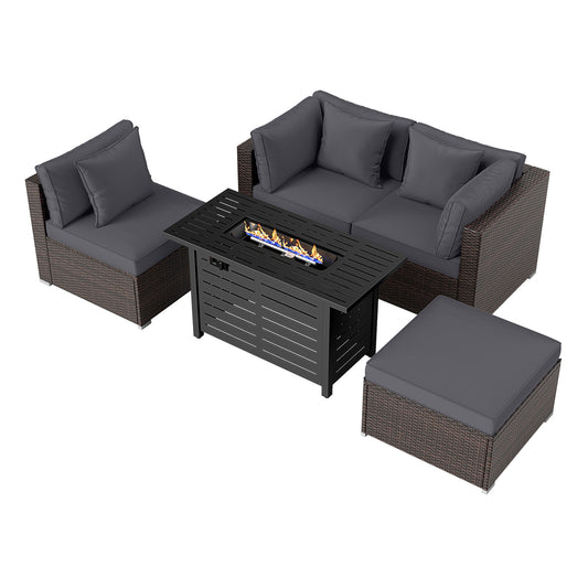 Heavy-duty Frame Rattan Sofa Set with 60000 BTU Firepit Table, Gray