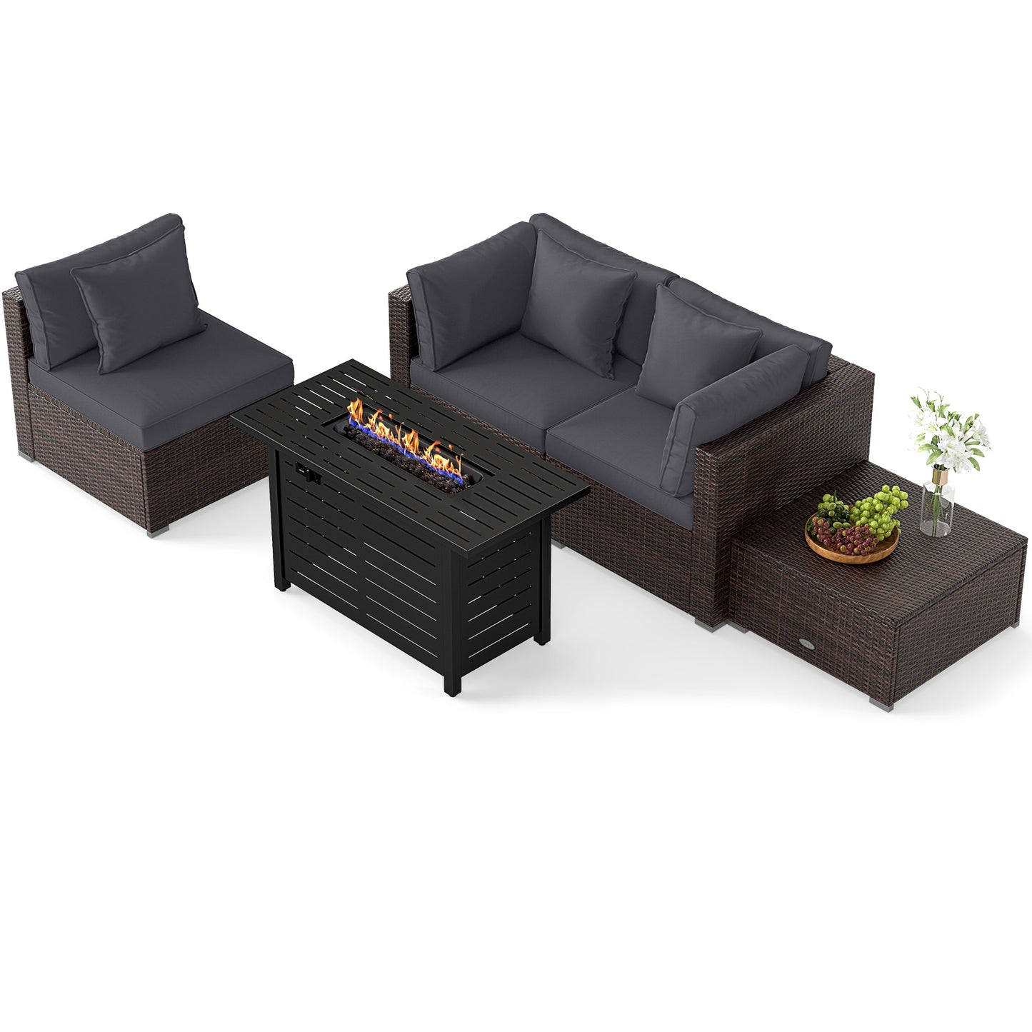 Heavy-duty Frame Rattan Sofa Set with 60000 BTU Firepit Table, Gray