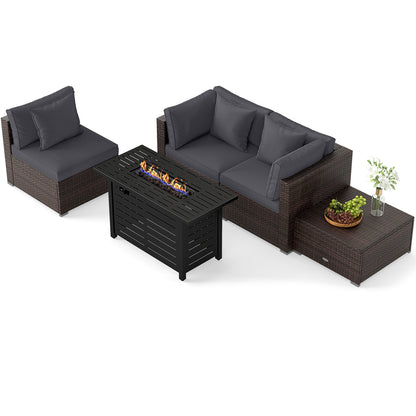 Heavy-duty Frame Rattan Sofa Set with 60000 BTU Firepit Table, Gray