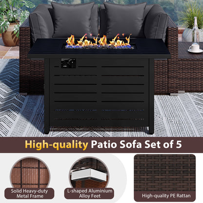 Heavy-duty Frame Rattan Sofa Set with 60000 BTU Firepit Table, Gray