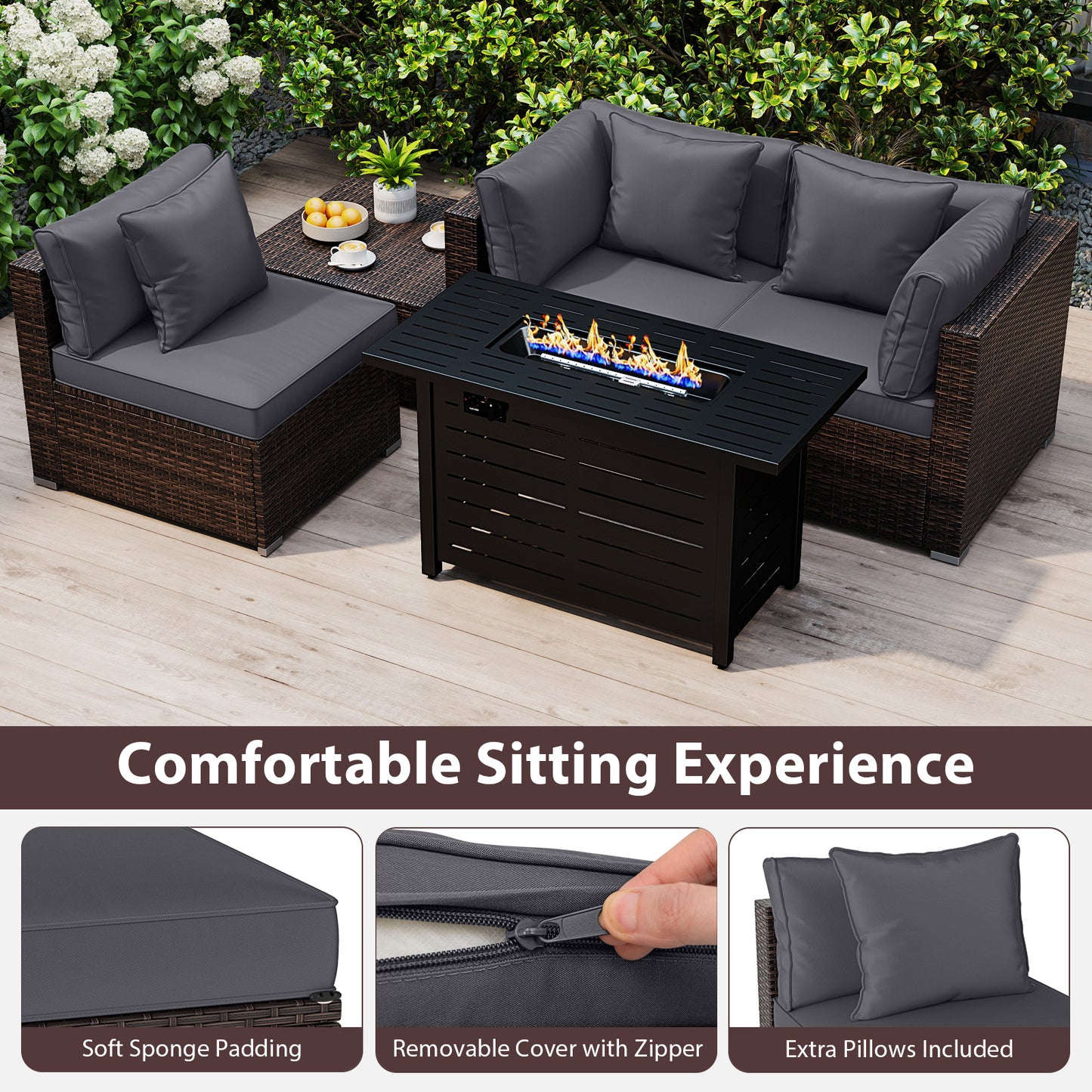 Heavy-duty Frame Rattan Sofa Set with 60000 BTU Firepit Table, Gray