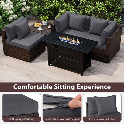 Heavy-duty Frame Rattan Sofa Set with 60000 BTU Firepit Table, Gray