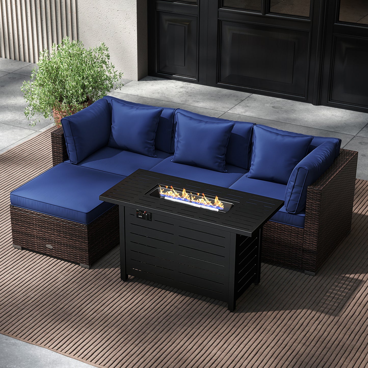 Heavy-duty Frame Rattan Sofa Set with 60000 BTU Firepit Table, Navy