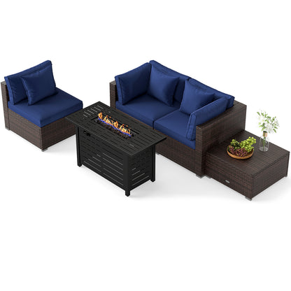 Heavy-duty Frame Rattan Sofa Set with 60000 BTU Firepit Table, Navy